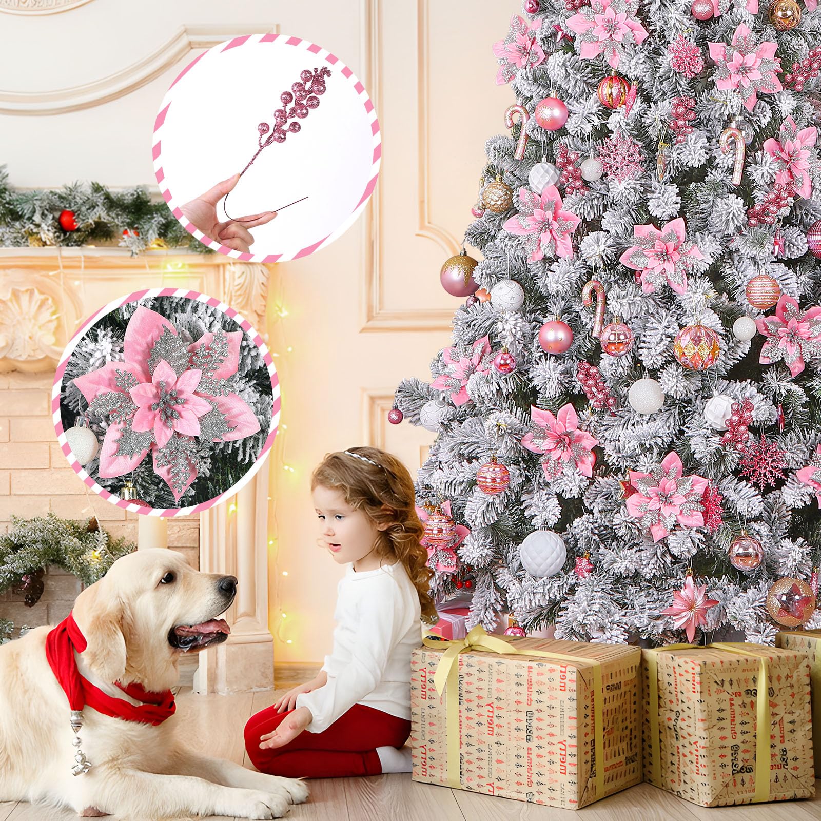 24 Pcs Pink & Silver Boxed 12Pcs Poinsettias Artificial Christmas Flowers+12Pcs Holly Berry Stems for Christmas Tree Decor - SHareconn