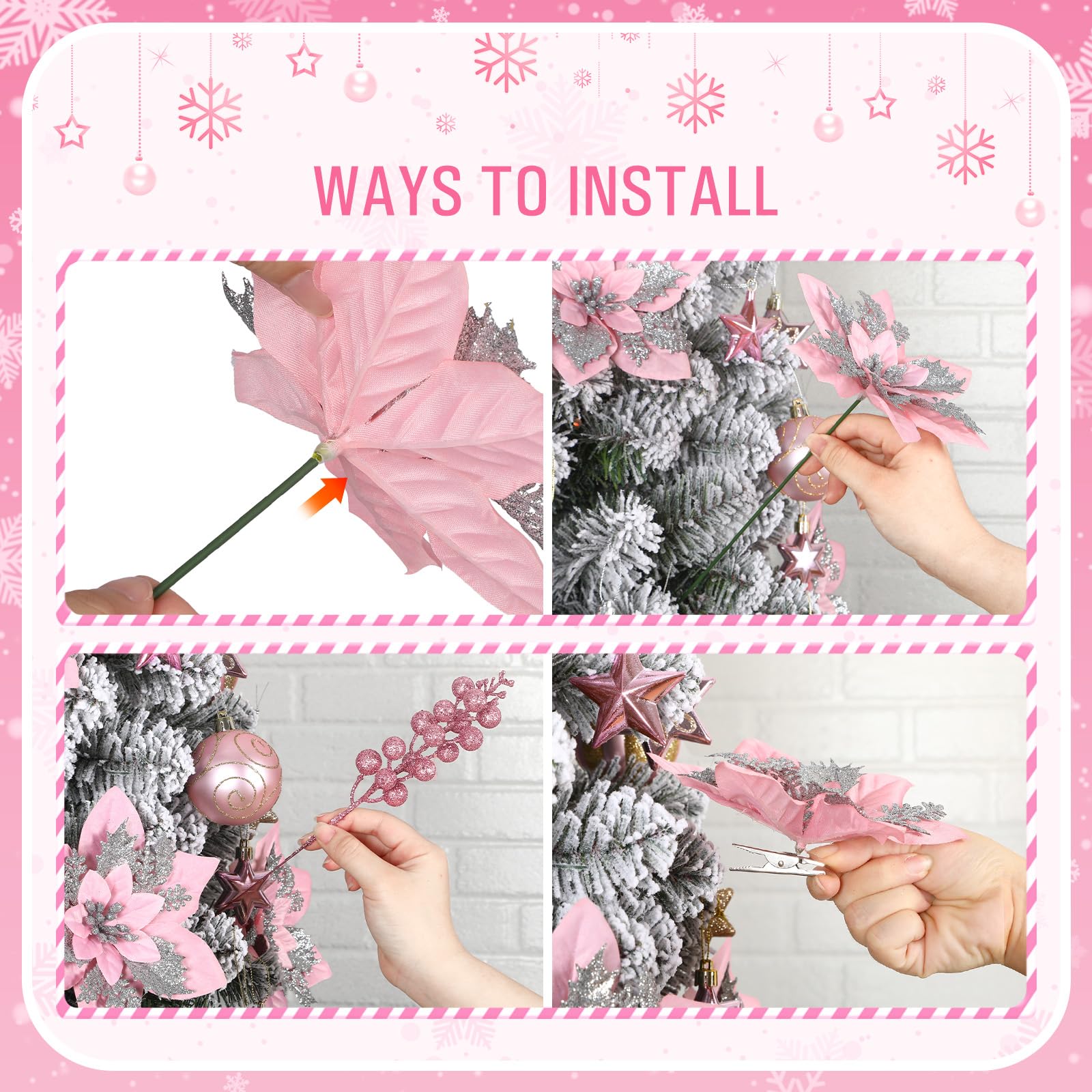 24 Pcs Pink & Silver Boxed 12Pcs Poinsettias Artificial Christmas Flowers+12Pcs Holly Berry Stems for Christmas Tree Decor - SHareconn