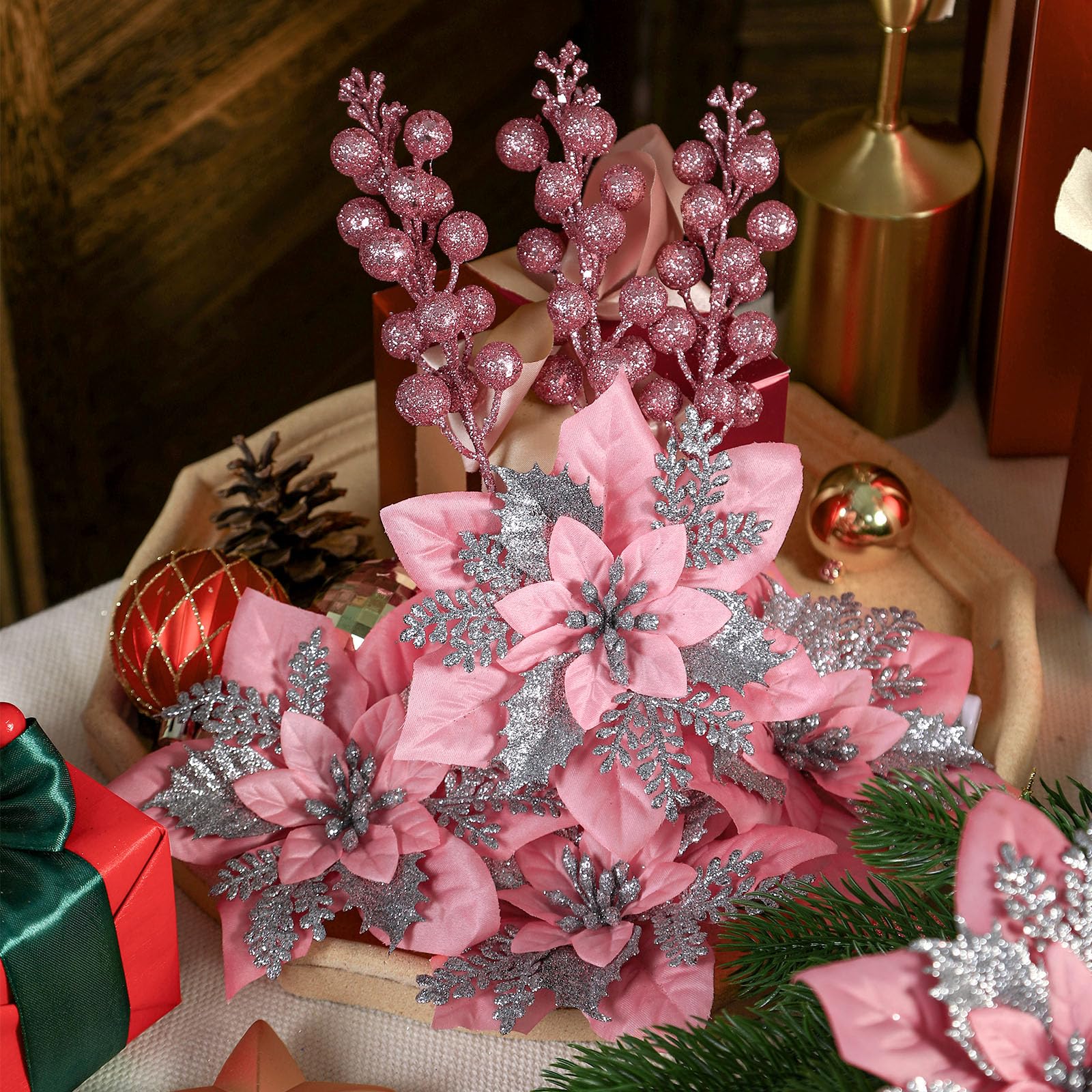 24 Pcs Pink & Silver Boxed 12Pcs Poinsettias Artificial Christmas Flowers+12Pcs Holly Berry Stems for Christmas Tree Decor - SHareconn