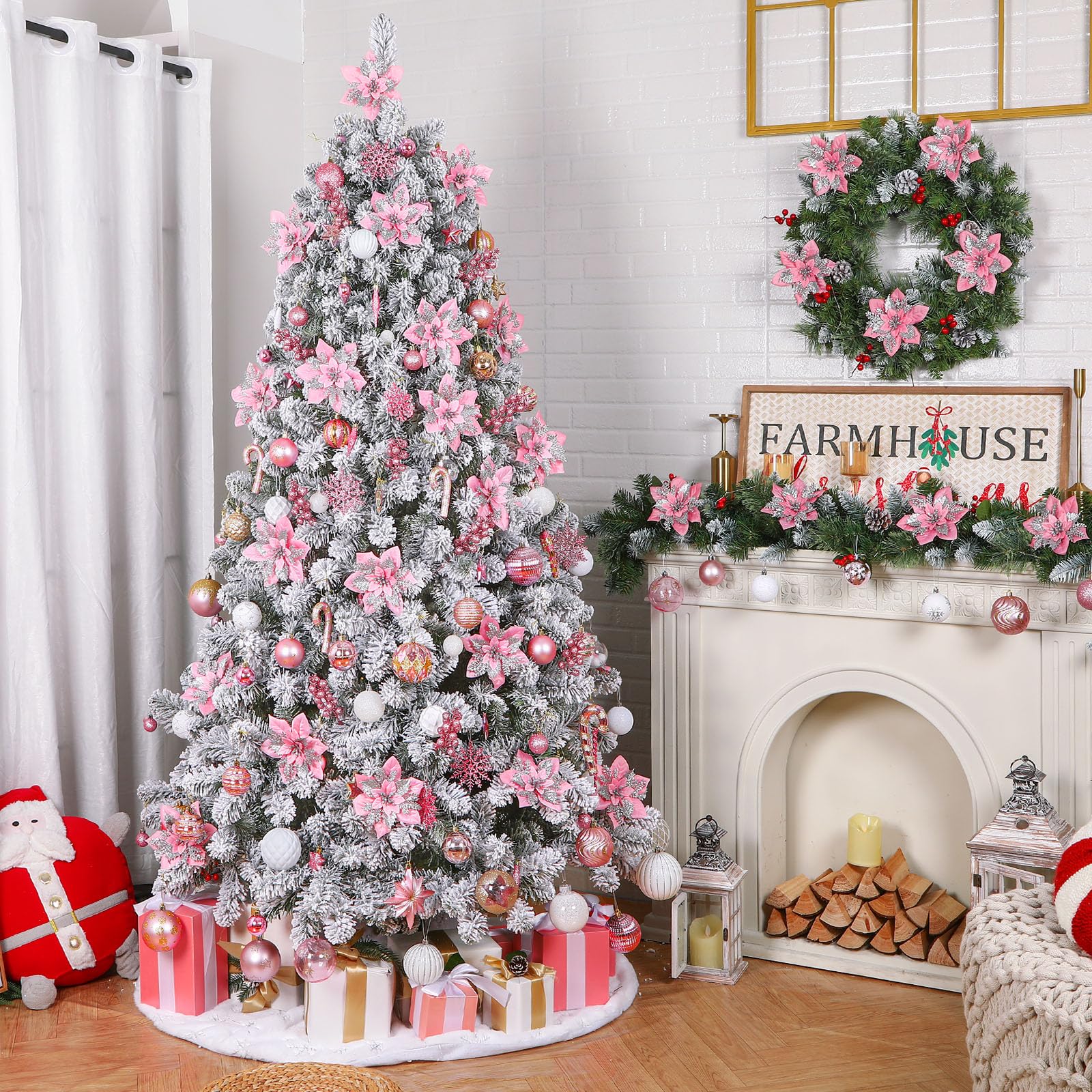 24 Pcs Pink & Silver Boxed 12Pcs Poinsettias Artificial Christmas Flowers+12Pcs Holly Berry Stems for Christmas Tree Decor - SHareconn