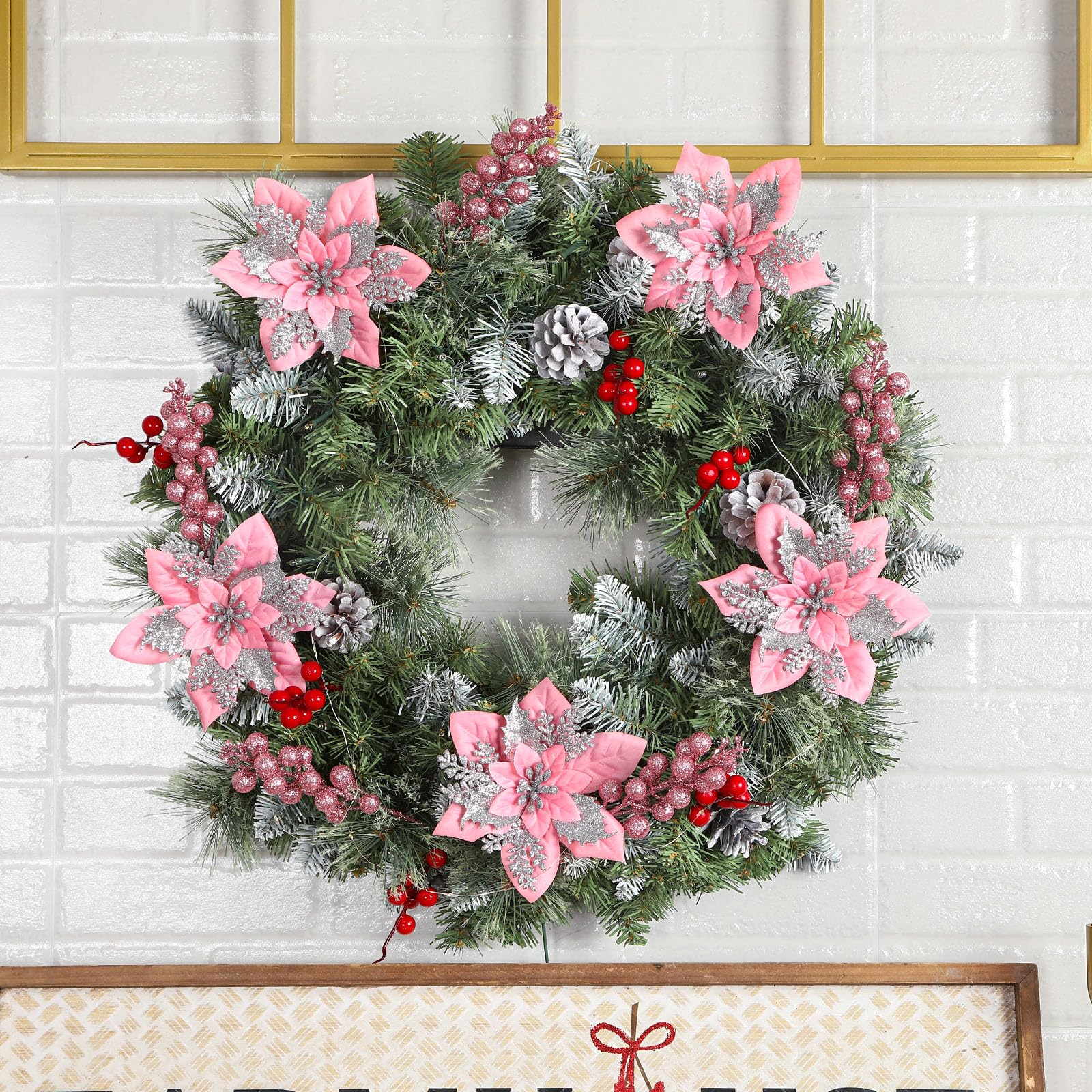 24 Pcs Pink & Silver Boxed 12Pcs Poinsettias Artificial Christmas Flowers+12Pcs Holly Berry Stems for Christmas Tree Decor - SHareconn