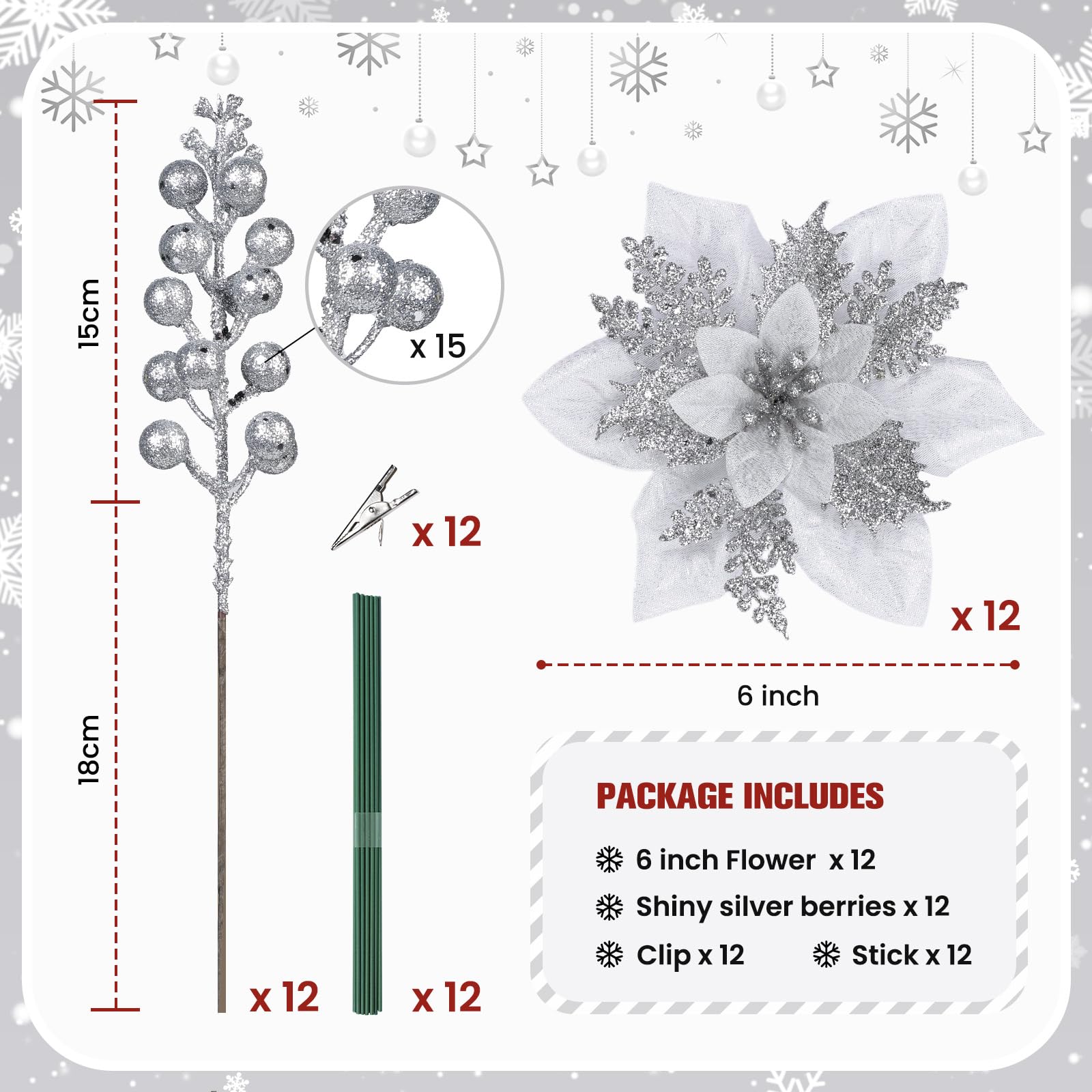 24 Pcs Silver Boxed 12Pcs Poinsettias Artificial Christmas Flowers+12Pcs Holly Berry Stems for Christmas Tree Decor - SHareconn