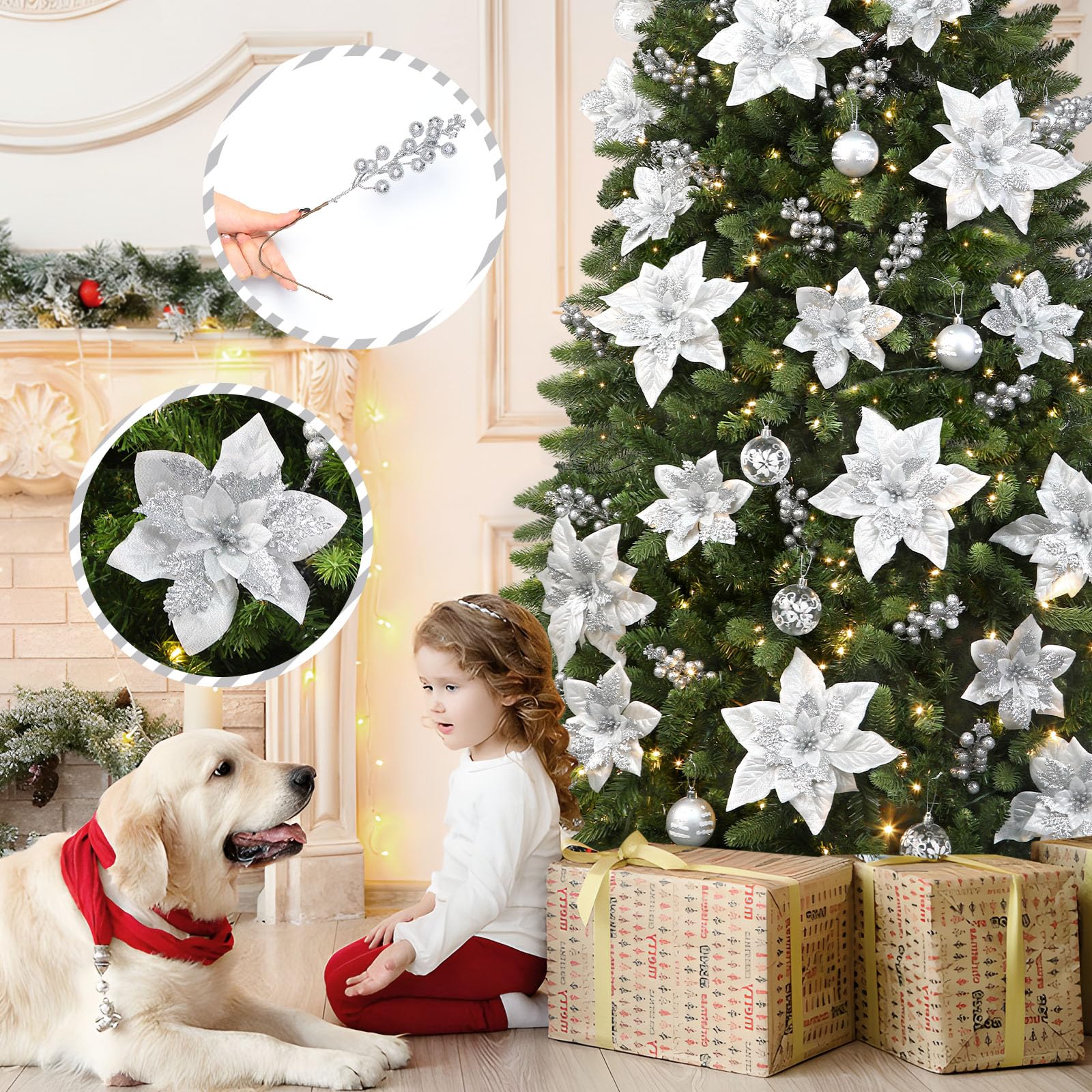 24 Pcs Silver Boxed 12Pcs Poinsettias Artificial Christmas Flowers+12Pcs Holly Berry Stems for Christmas Tree Decor - SHareconn