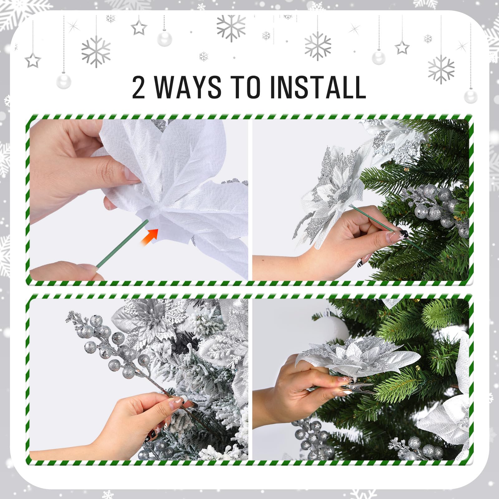 24 Pcs Silver Boxed 12Pcs Poinsettias Artificial Christmas Flowers+12Pcs Holly Berry Stems for Christmas Tree Decor - SHareconn