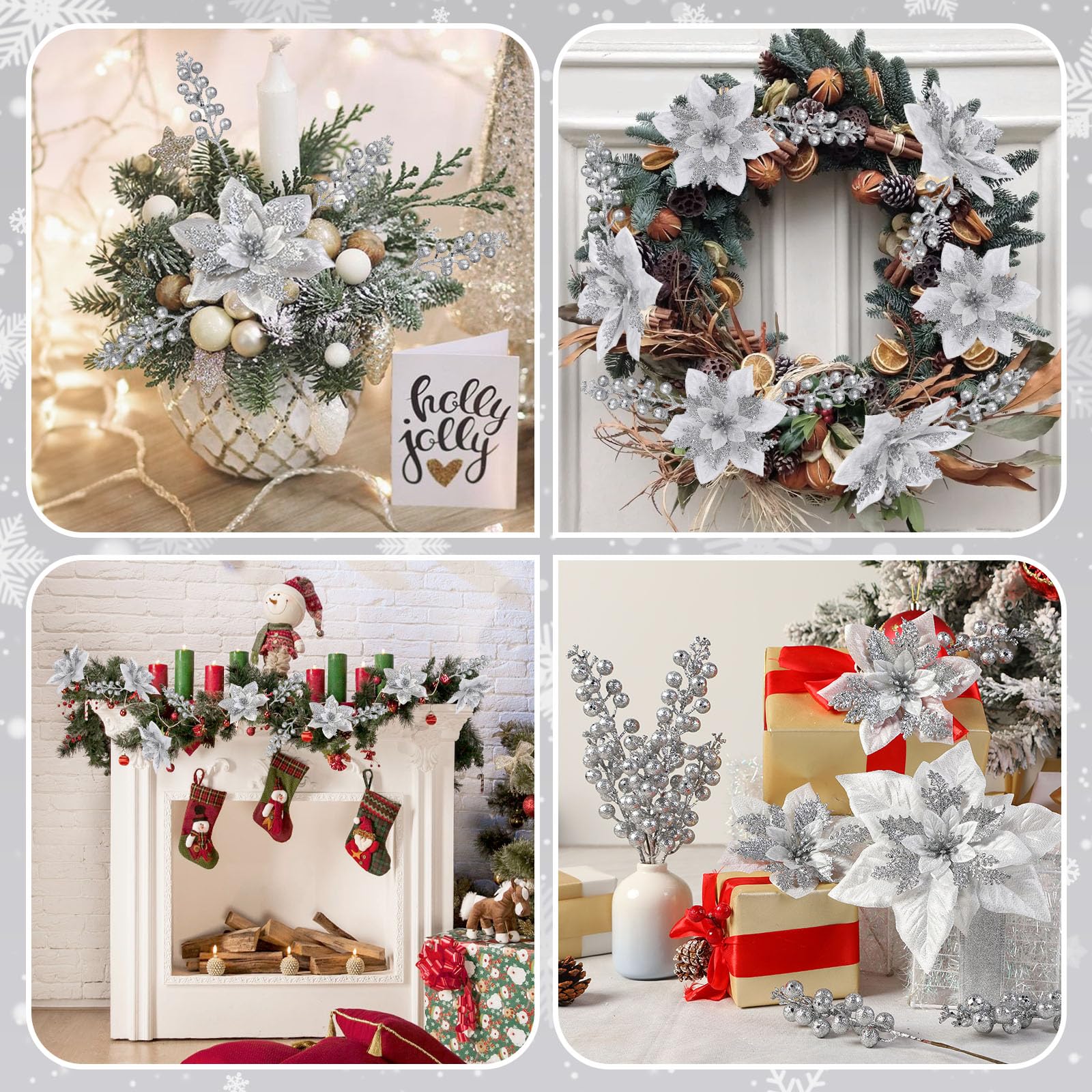 24 Pcs Silver Boxed 12Pcs Poinsettias Artificial Christmas Flowers+12Pcs Holly Berry Stems for Christmas Tree Decor - SHareconn