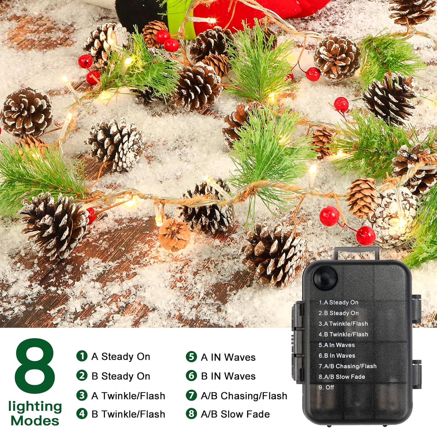 2PCS 6FT(2 * 180cm) Artificial Christmas Garland with Prelit Lights Snow Pine Cone&Red Berry - SHareconn
