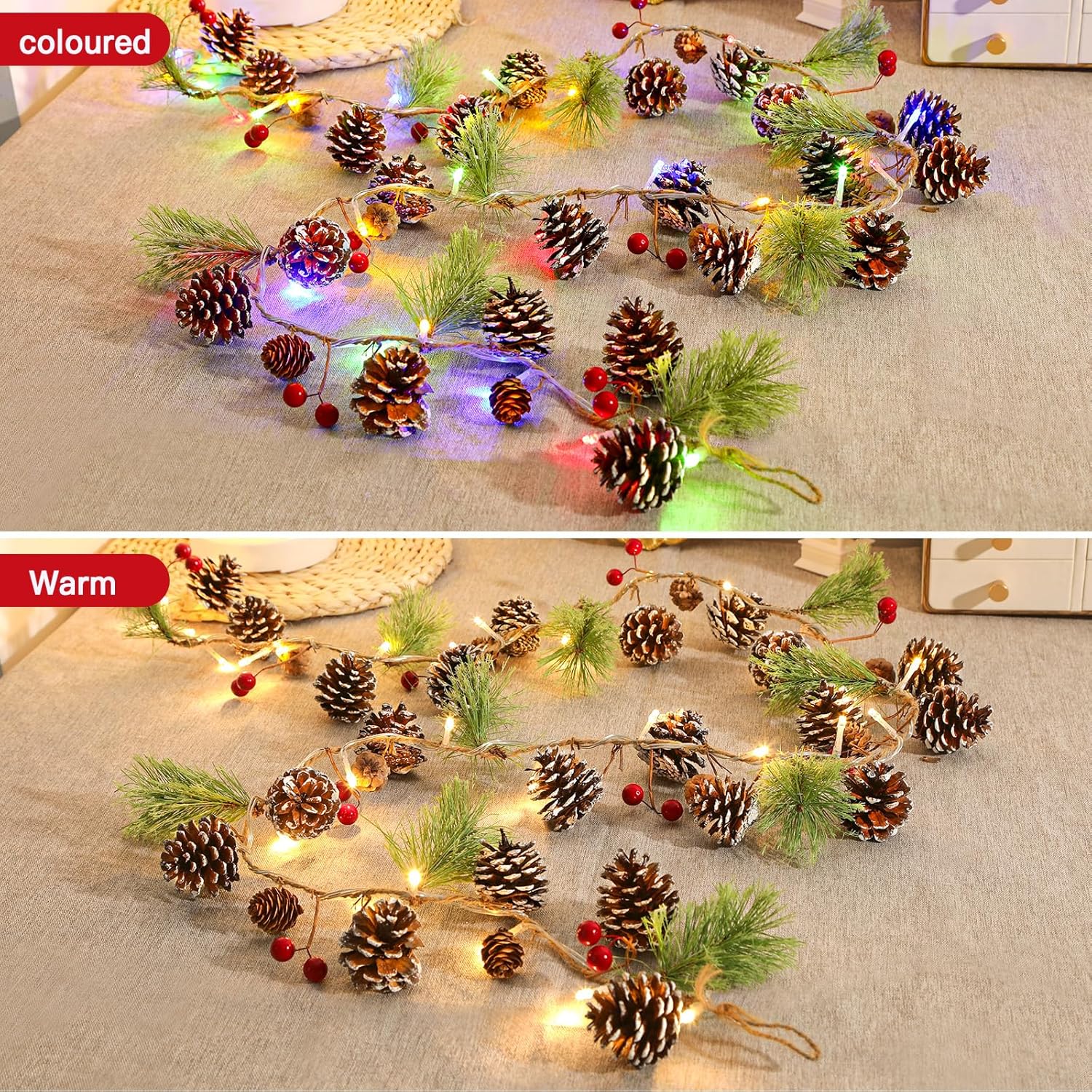 2PCS 6FT(2 * 180cm) Artificial Christmas Garland with Prelit Lights Snow Pine Cone&Red Berry - SHareconn