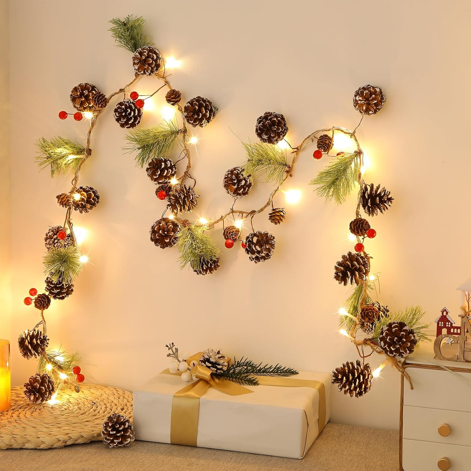 2PCS 6FT(2 * 180cm) Artificial Christmas Garland with Prelit Lights Snow Pine Cone&Red Berry - SHareconn