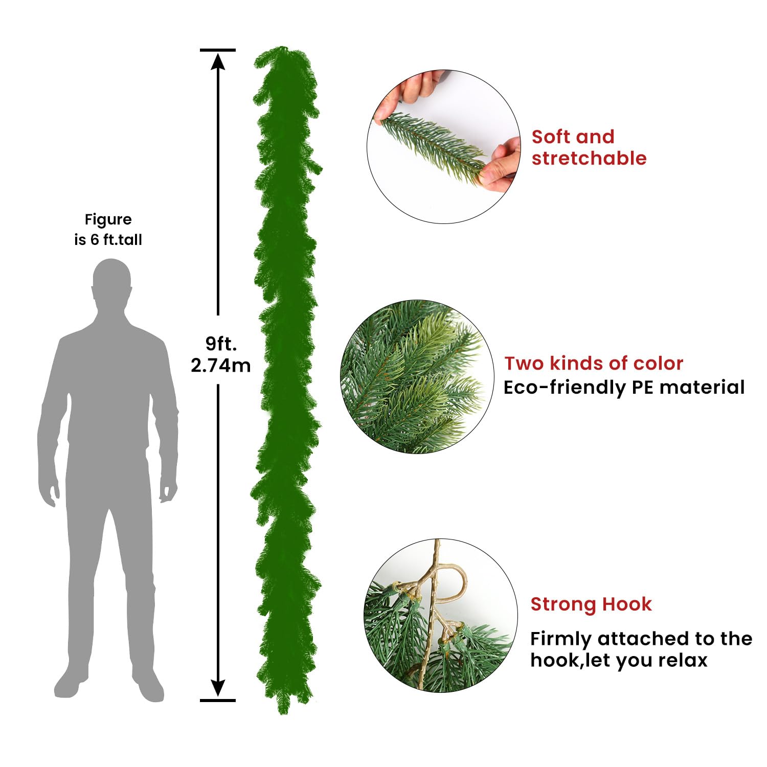 9FT(270 cm) Artificial Christmas Greenery Garland,Real Touch Stereo Pine Garland - SHareconn