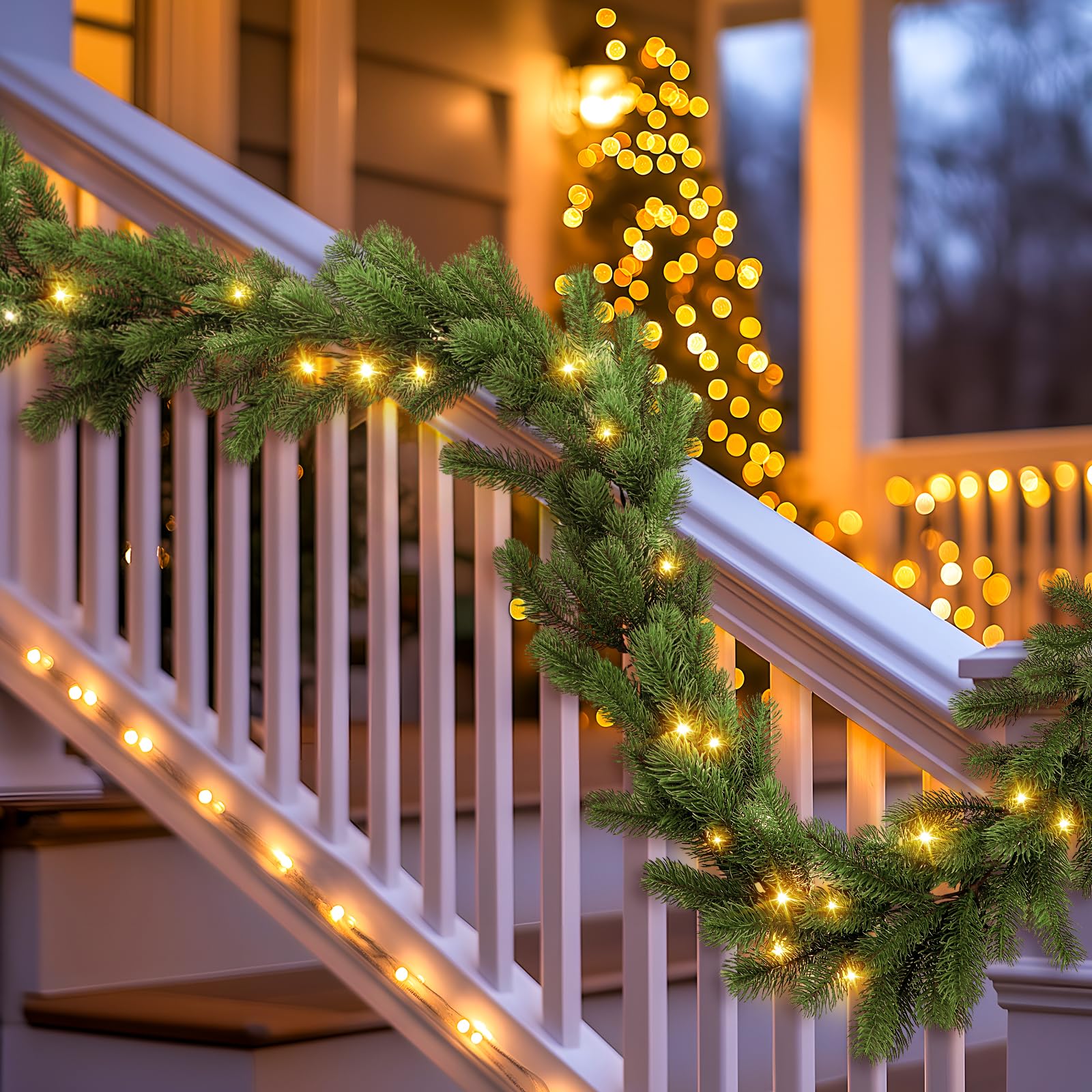 9ft Pre-Lit Artificial Multi-Color Lights Green Norfolk Pine Christmas Garlands with Battery - SHareconn