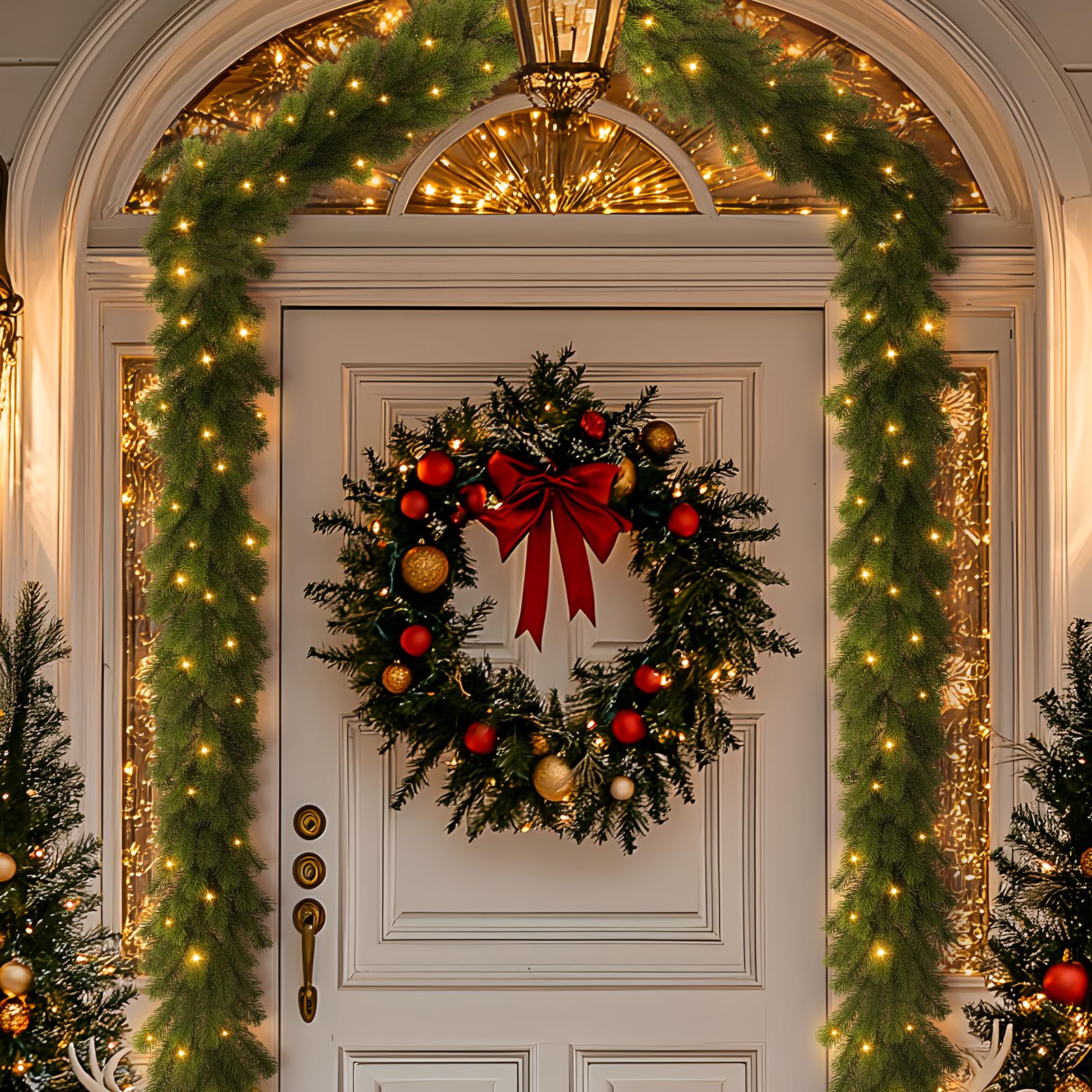 9ft Pre-Lit Artificial Multi-Color Lights Green Norfolk Pine Christmas Garlands with Battery - SHareconn