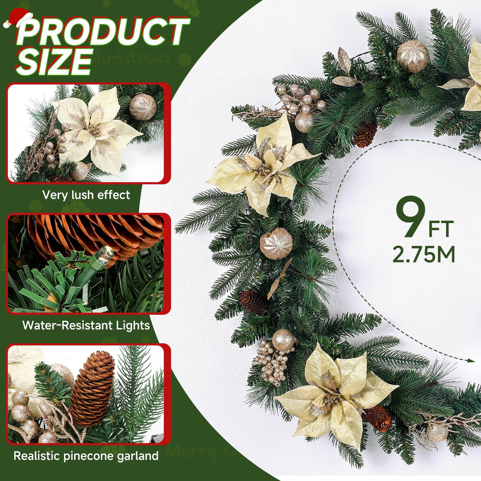 9FT Pre-Lit Christmas Garland Decoration with Multi-Color LED Lights - SHareconn