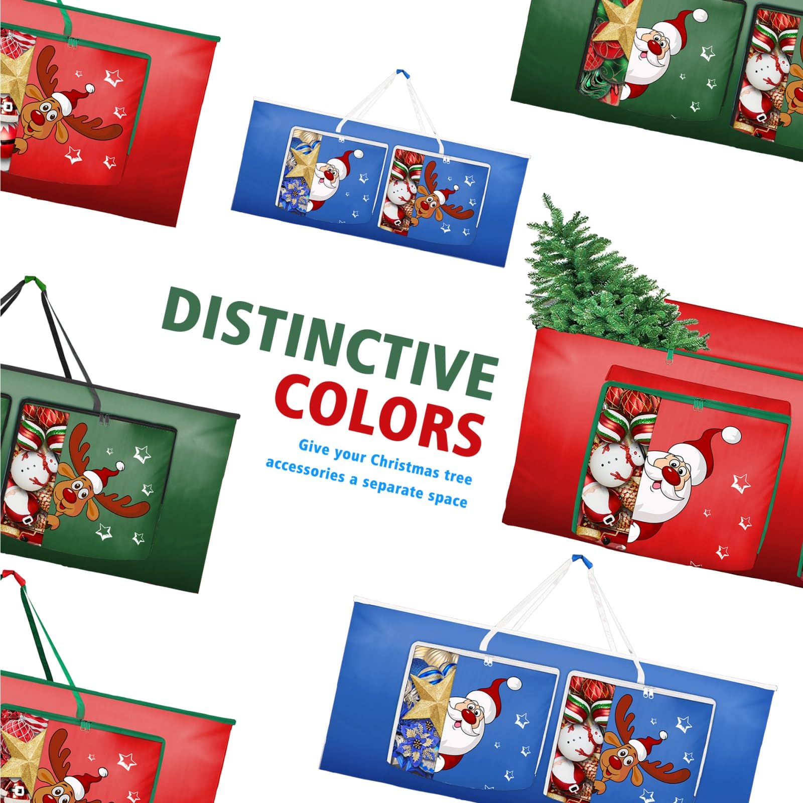 Funny Cute Santa Claus and Reindeer Print Christmas Tree Storage Bag Fits Maximum to 7.5 FT/9 FT-Red/Green/Blue - SHareconn