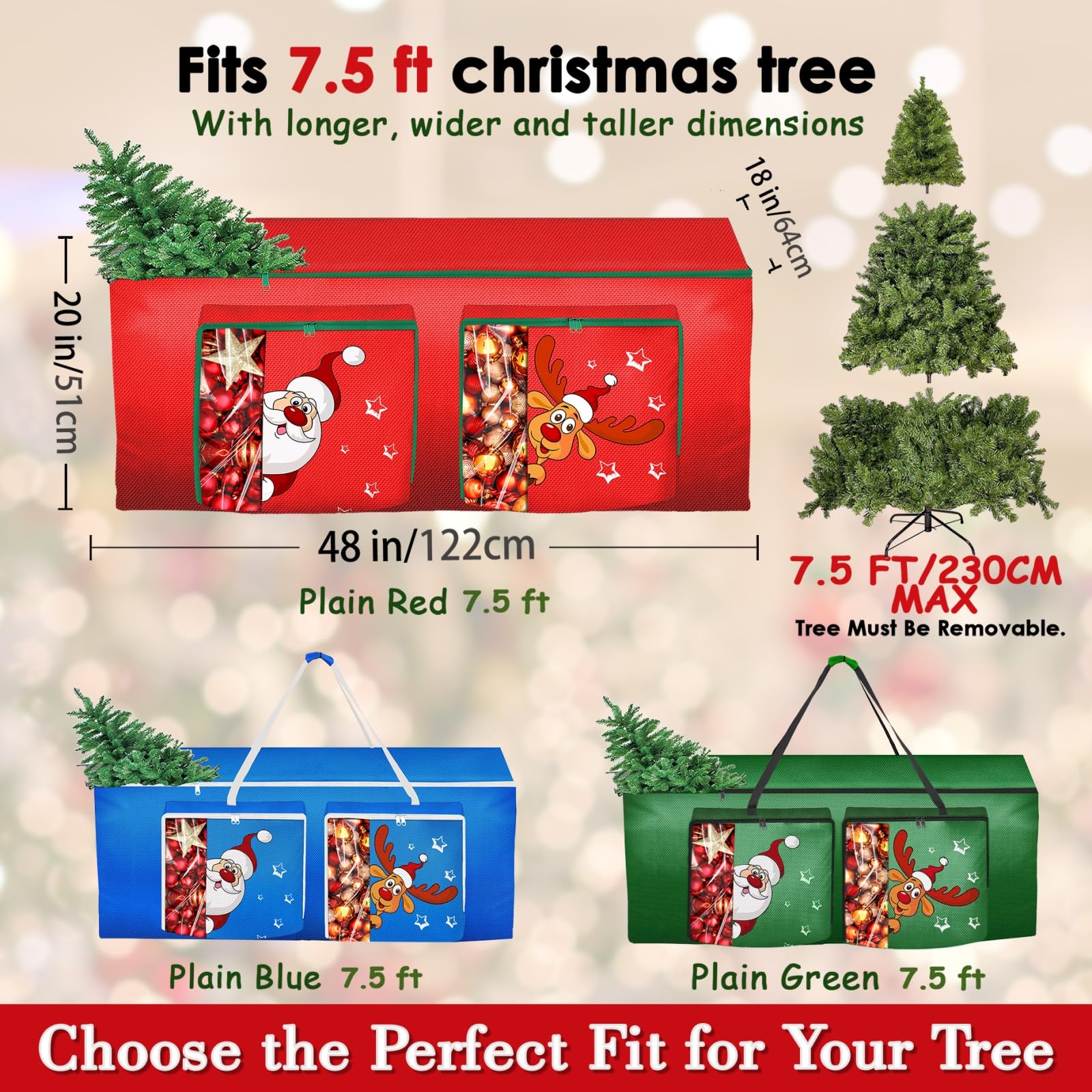 Funny Cute Santa Claus and Reindeer Print Christmas Tree Storage Bag Fits Maximum to 7.5 FT/9 FT-Red/Green/Blue - SHareconn