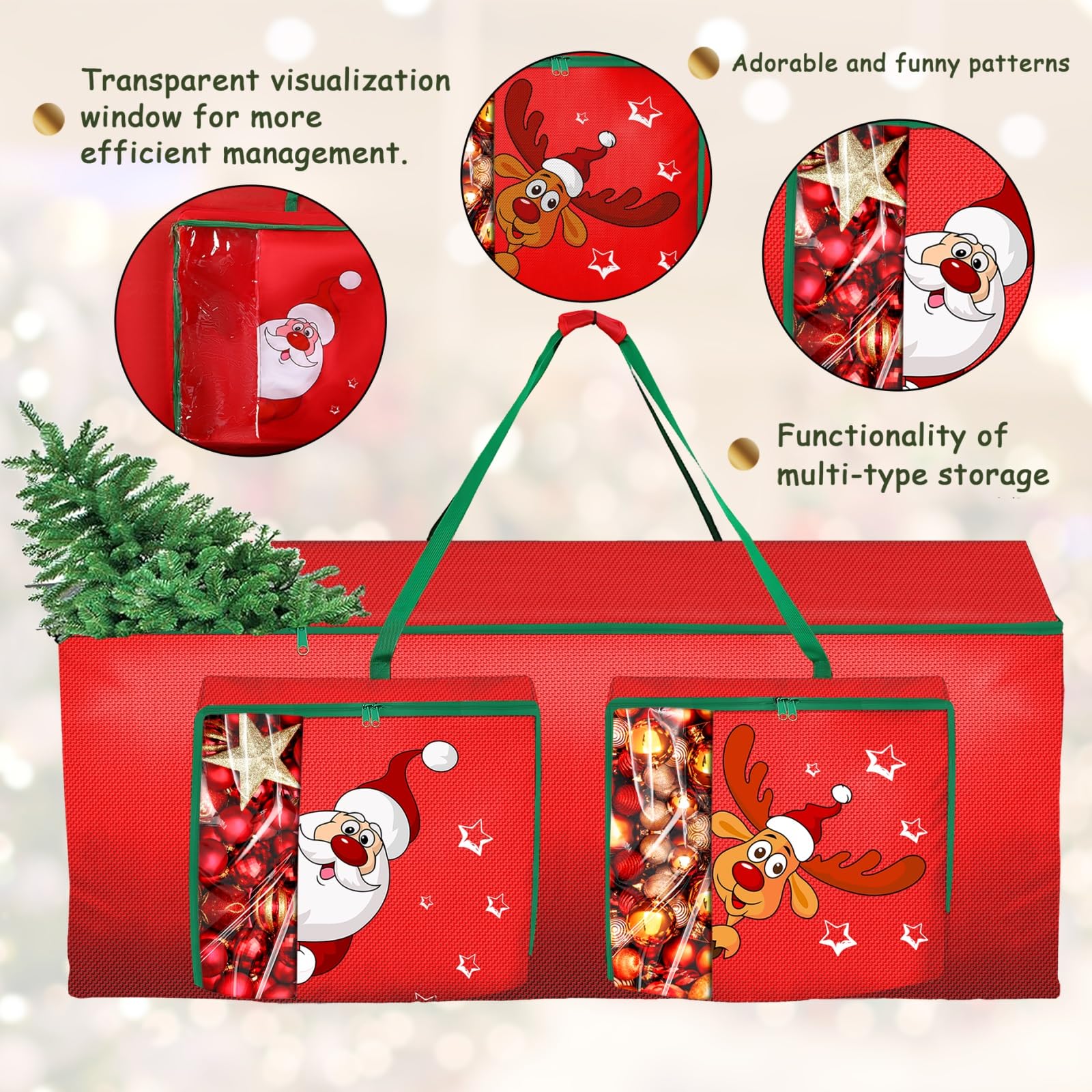 Funny Cute Santa Claus and Reindeer Print Christmas Tree Storage Bag Fits Maximum to 7.5 FT/9 FT-Red/Green/Blue - SHareconn