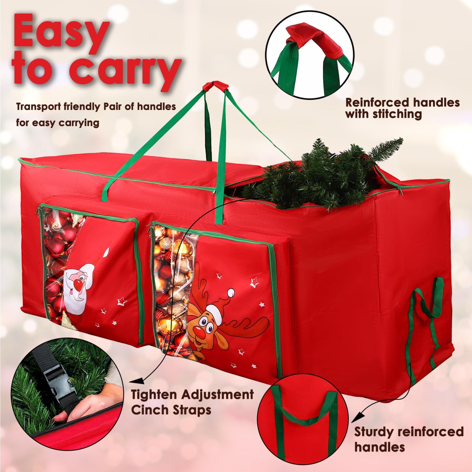 Funny Cute Santa Claus and Reindeer Print Christmas Tree Storage Bag Fits Maximum to 7.5 FT/9 FT-Red/Green/Blue - SHareconn