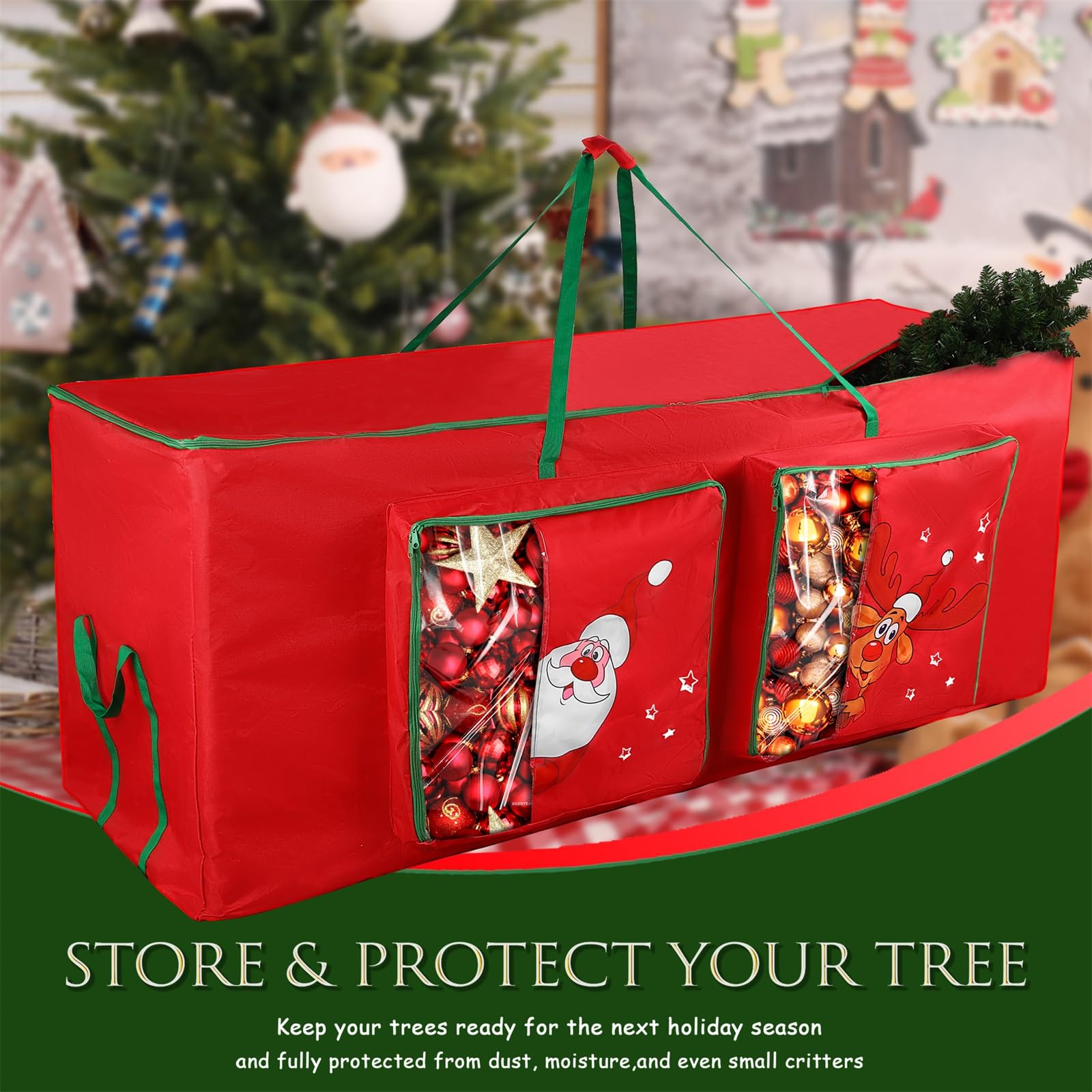 Funny Cute Santa Claus and Reindeer Print Christmas Tree Storage Bag Fits Maximum to 7.5 FT/9 FT-Red/Green/Blue - SHareconn