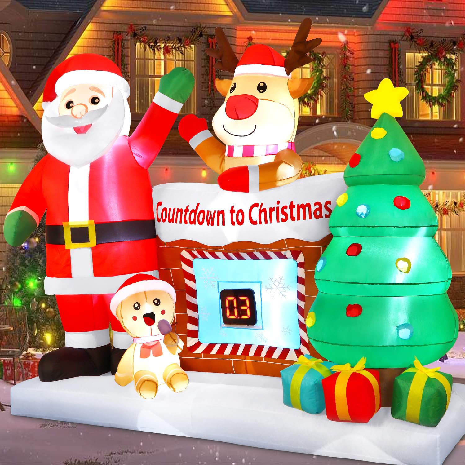 8FT Christmas Inflatable Outdoor Decorations with LED Christmas Countdown Clock, Snowman Santa, Deer and Christmas Tree - SHareconn
