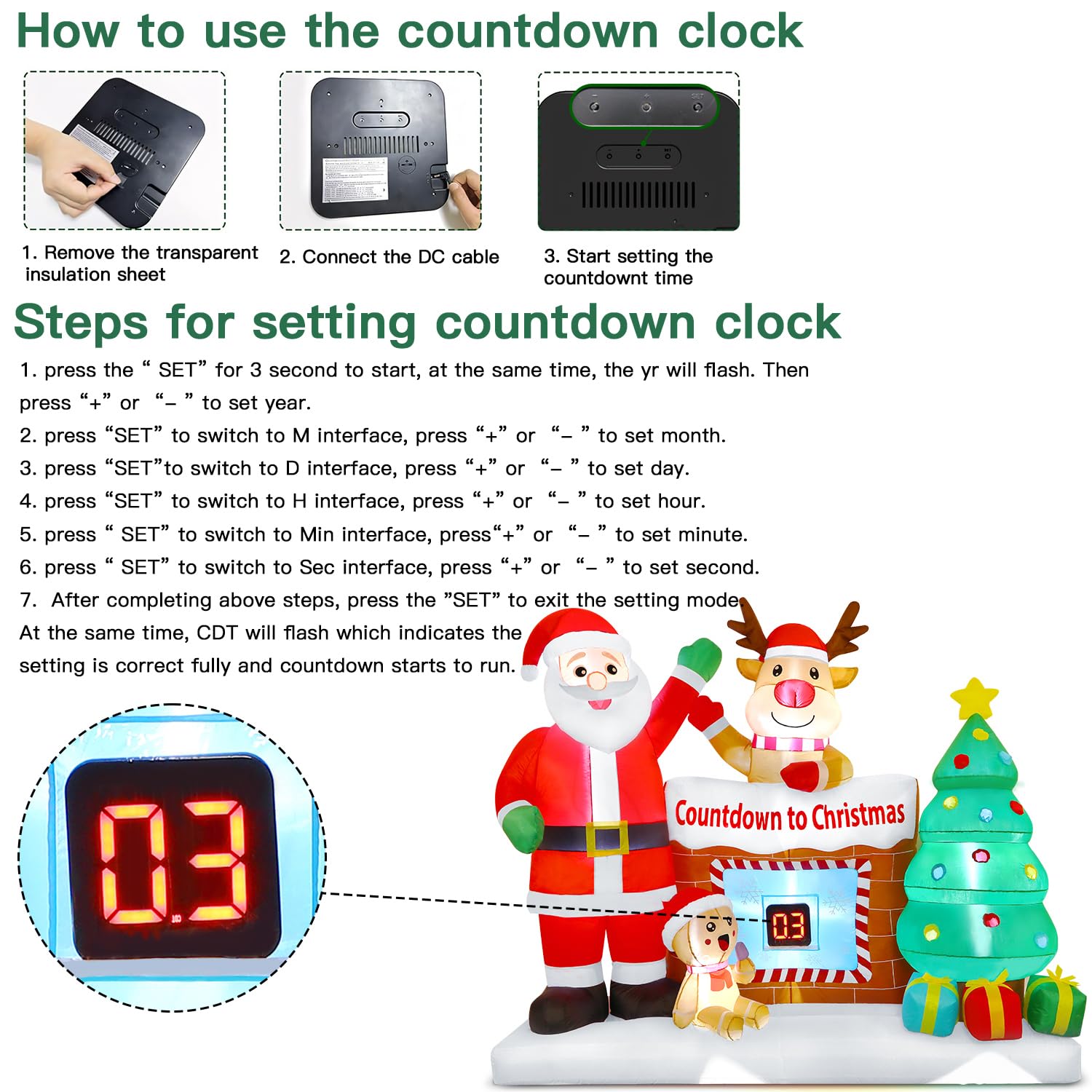 8FT Christmas Inflatable Outdoor Decorations with LED Christmas Countdown Clock, Snowman Santa, Deer and Christmas Tree - SHareconn