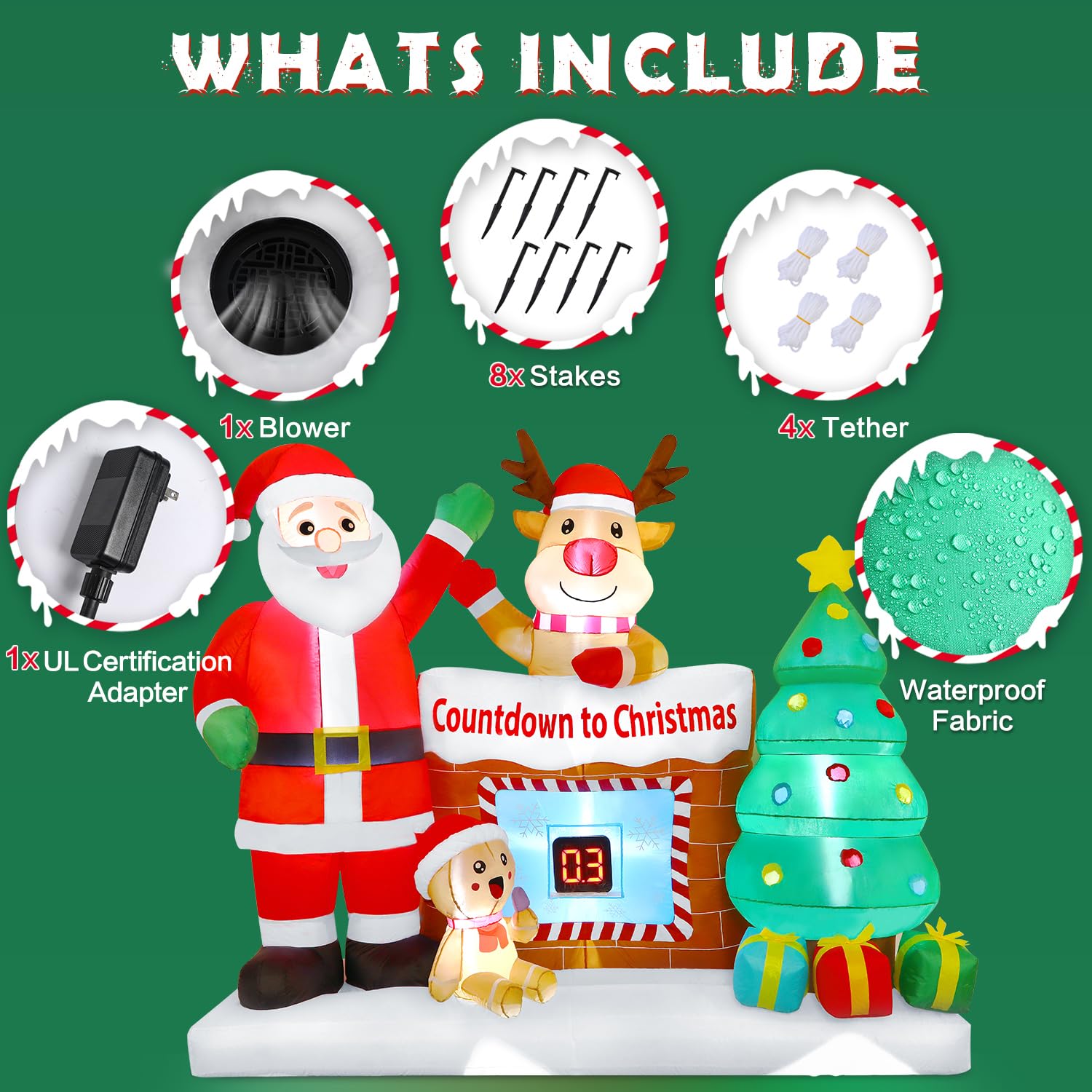 8FT Christmas Inflatable Outdoor Decorations with LED Christmas Countdown Clock, Snowman Santa, Deer and Christmas Tree - SHareconn