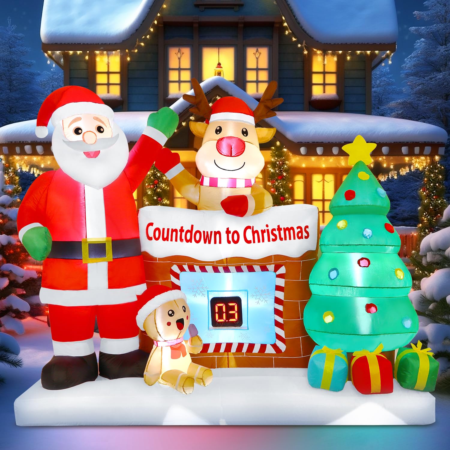 8FT Christmas Inflatable Outdoor Decorations with LED Christmas Countdown Clock, Snowman Santa, Deer and Christmas Tree - SHareconn