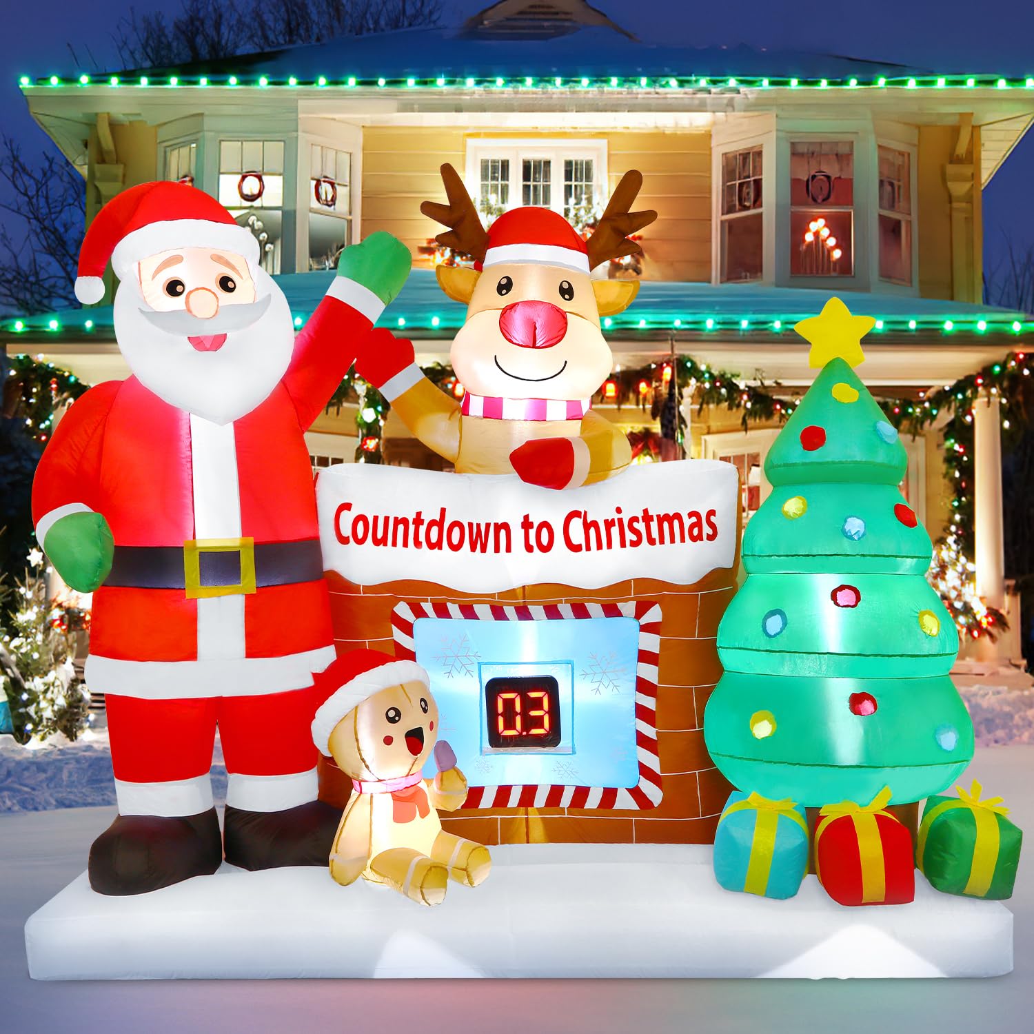 8FT Christmas Inflatable Outdoor Decorations with LED Christmas Countdown Clock, Snowman Santa, Deer and Christmas Tree - SHareconn