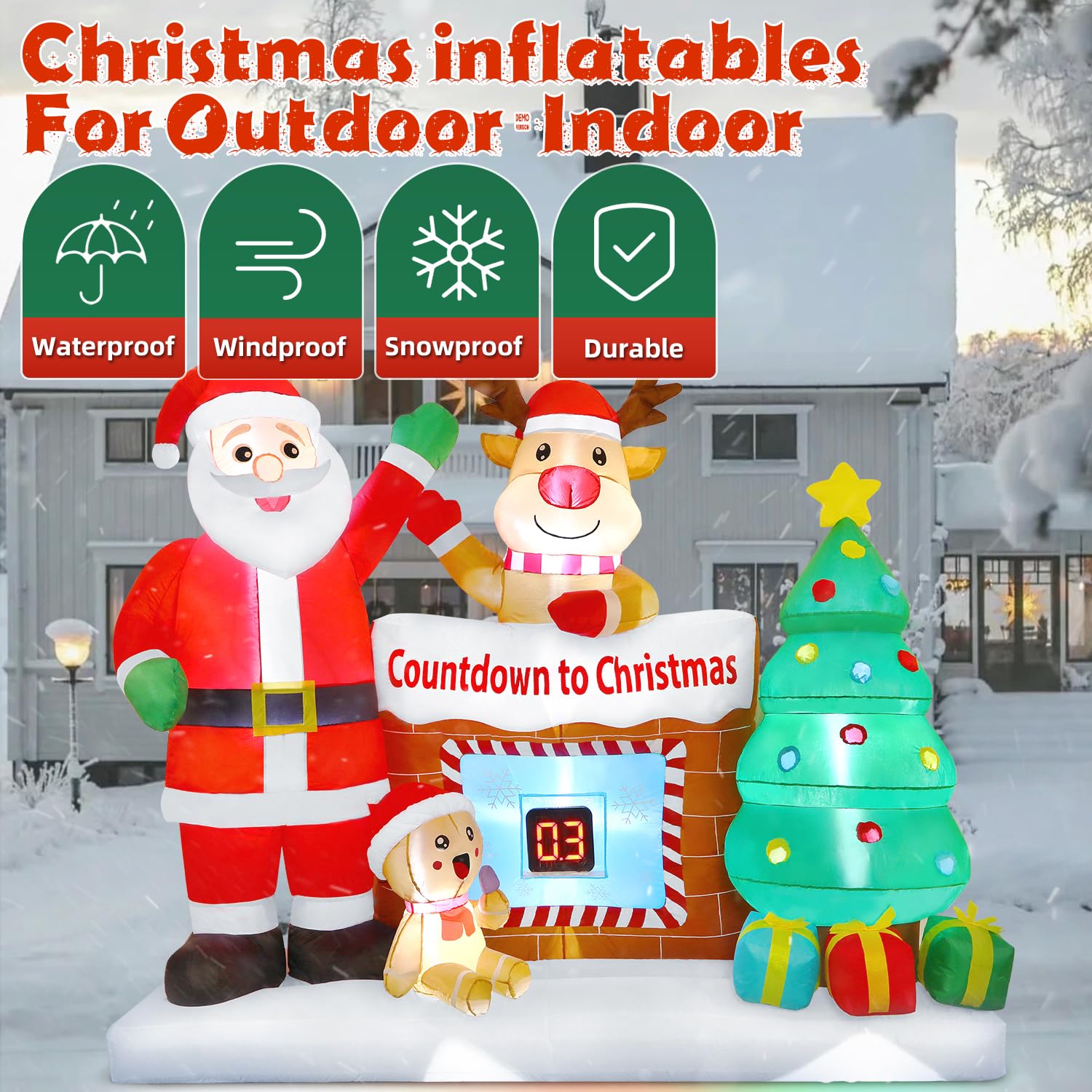 8FT Christmas Inflatable Outdoor Decorations with LED Christmas Countdown Clock, Snowman Santa, Deer and Christmas Tree - SHareconn