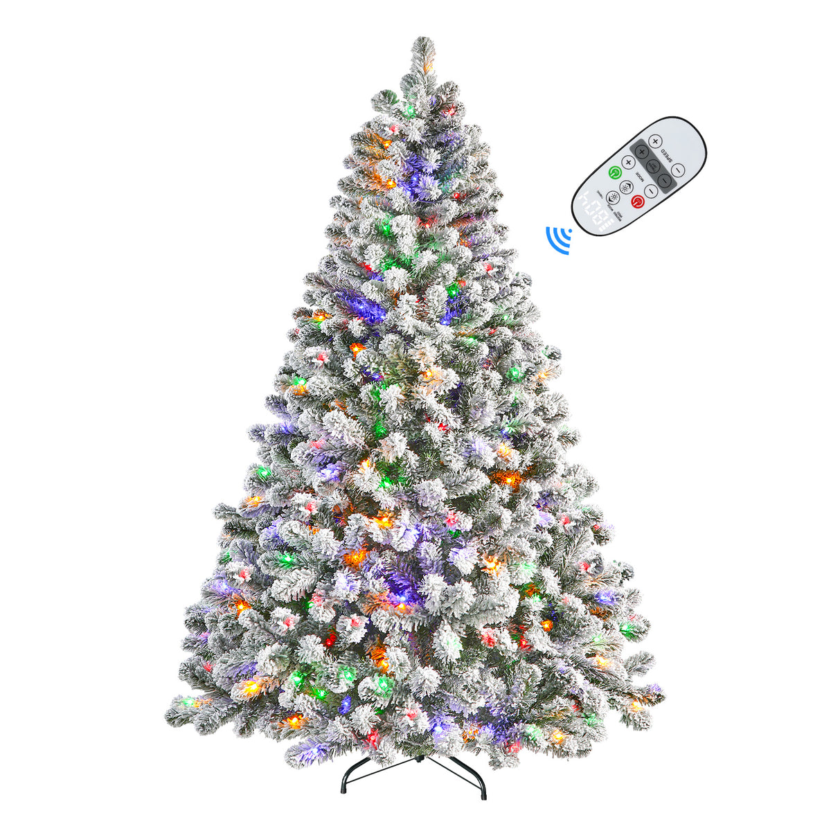 White flocked artificial Christmas tree with multi-color lights by SHareconn, showcasing its snowy branches and festive illumination.