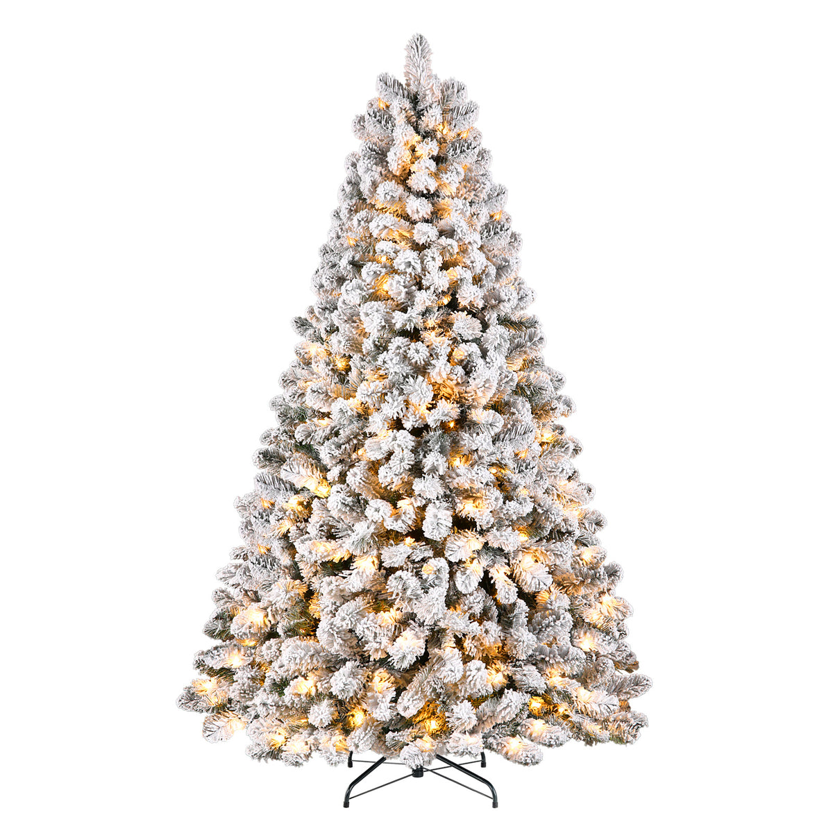 Pre-lit white flocked artificial Christmas tree with warm white lights, showcasing snowy branches and festive holiday decor.