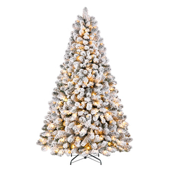 Pre-lit white flocked artificial Christmas tree with warm white lights, showcasing snowy branches and festive holiday decor.