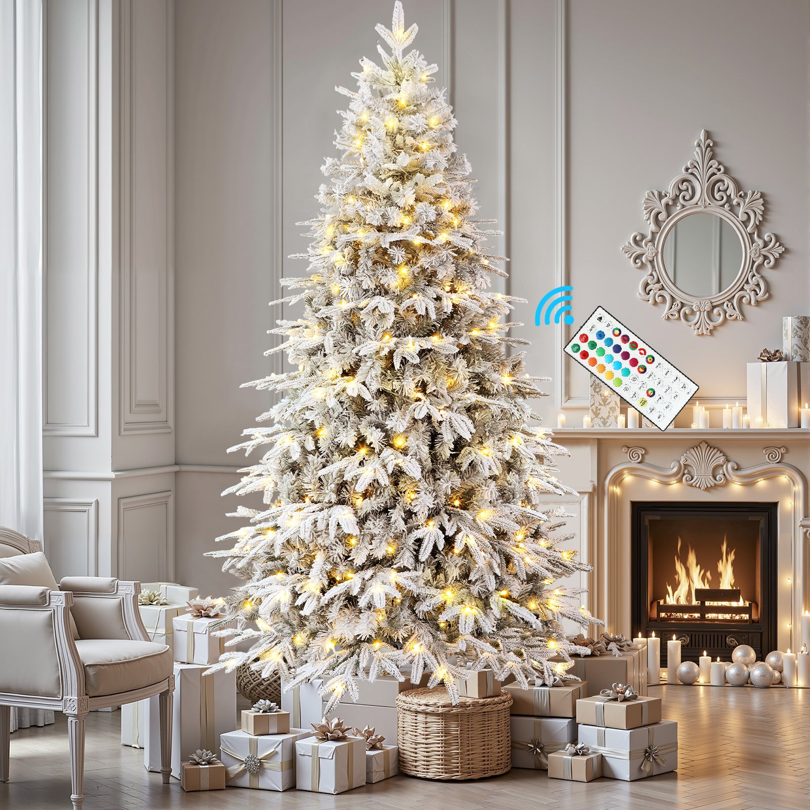 Flocked Aspen Layered Noble Fir Artificial Christmas Tree with RGB Lights-3 Size Available - SHareconn