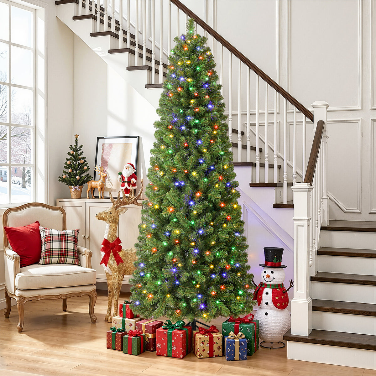9ft Prelit Pencil Warm White & Multi-Color Lights Premium Artificial Hinged Christmas Tree with Remote Control