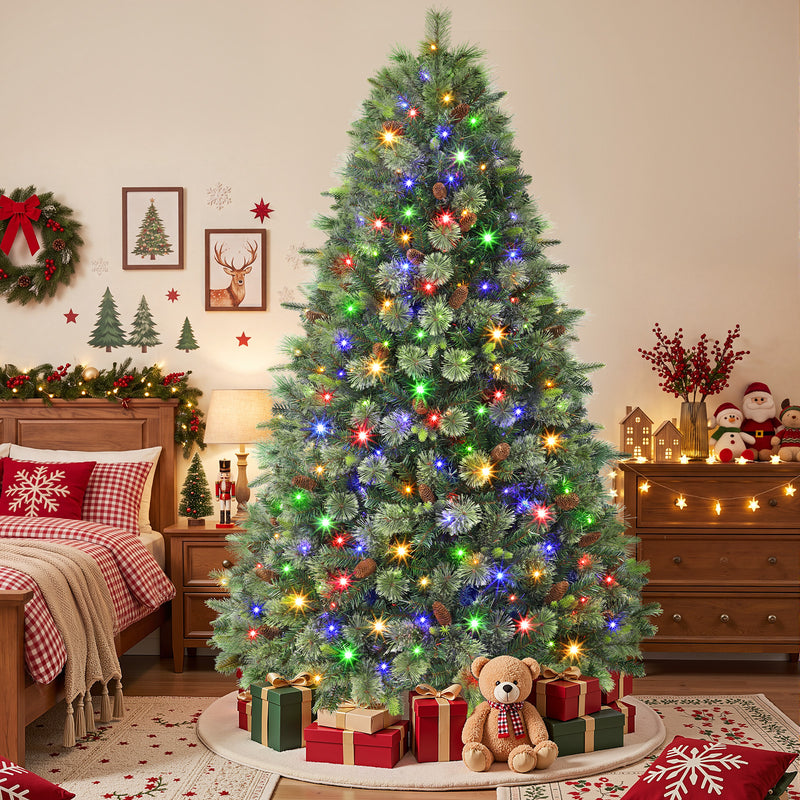 SHareconn Carolina Pine artificial Christmas tree, 7.5 ft, pre-lit with dual-color LEDs and remote control, realistic pine needle appearance.