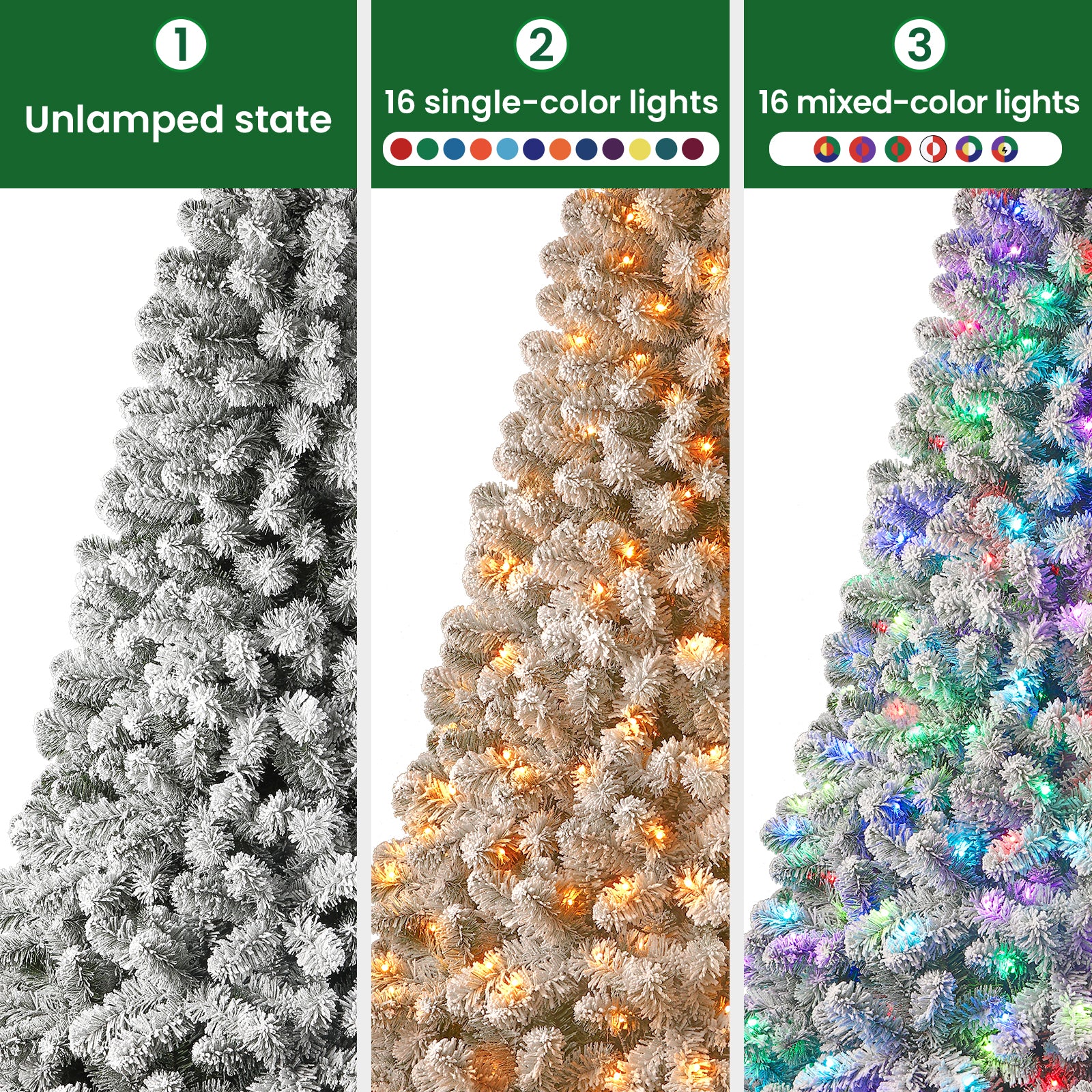 White Flocked Spruce Artificial Christmas Trees with RGB Lights and Remote