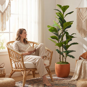 Artificial fiddle leaf fig tree with white pot by SHareconn, realistic faux plant available in 4ft, 5ft, and 6ft sizes.
