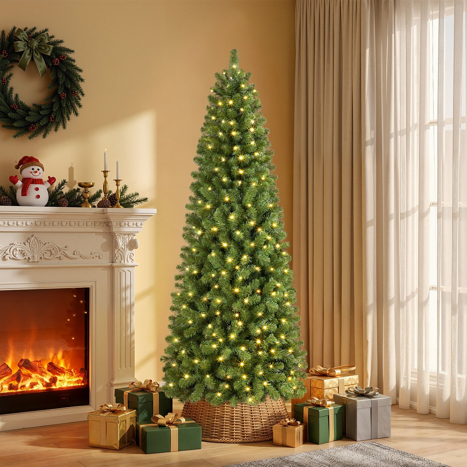 6ft Warm White Light Artificial Hinged Slim Pencil Prelit Christmas Tree