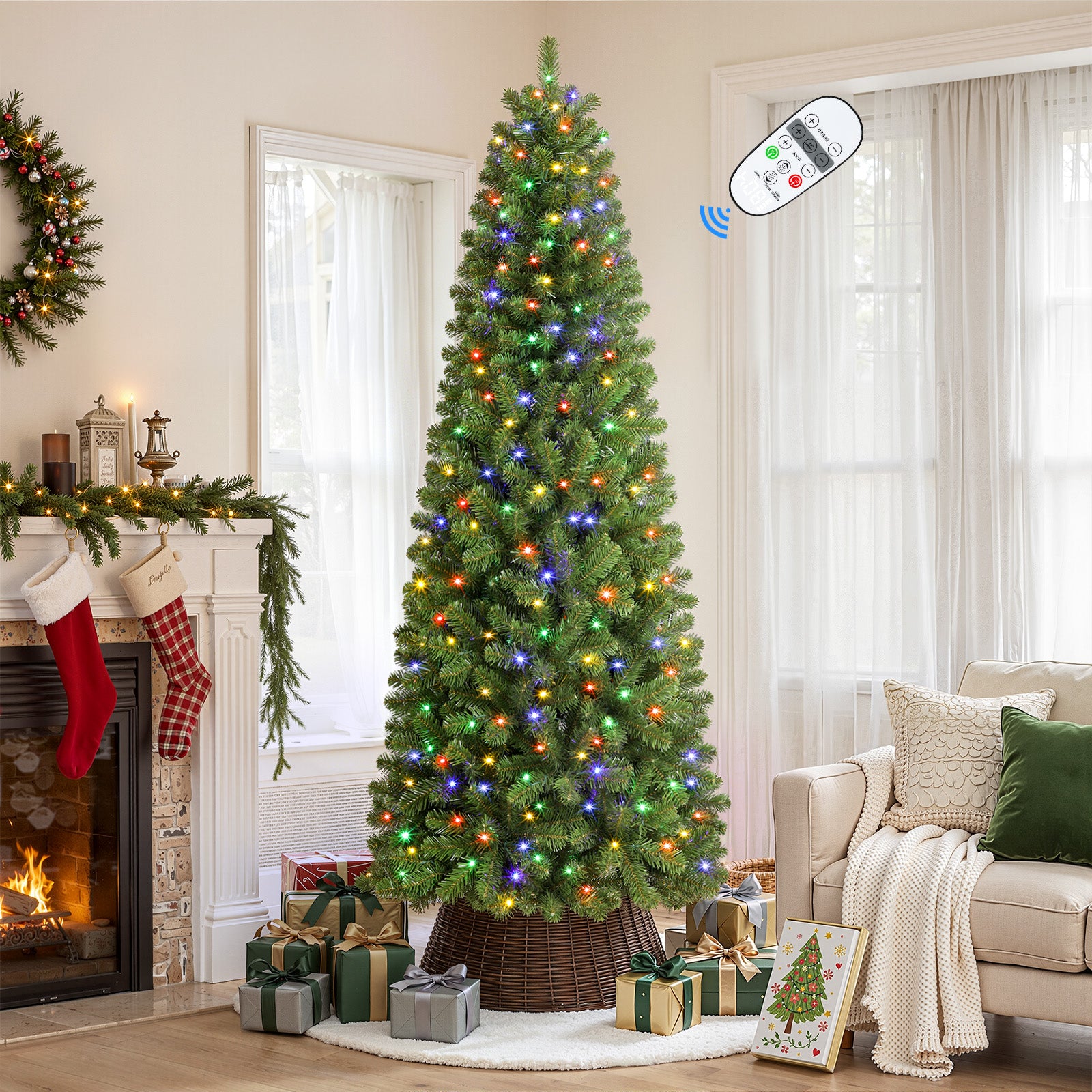 Pencil Spruce Artificial Christmas Tree with Multi-Color LED Lights and Remote