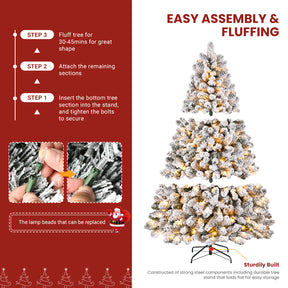 Pre-lit white flocked artificial Christmas tree with warm white lights, showcasing snowy branches and festive holiday decor.