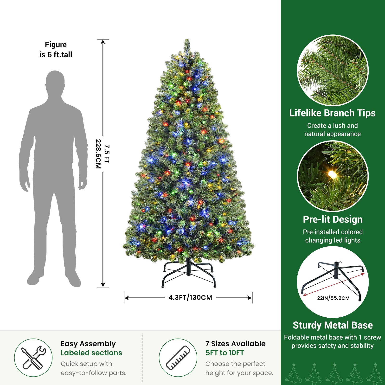 7.5ft Pre-lit Classic Spruce Artificial Christmas Tree with Multi-Color LED Lights