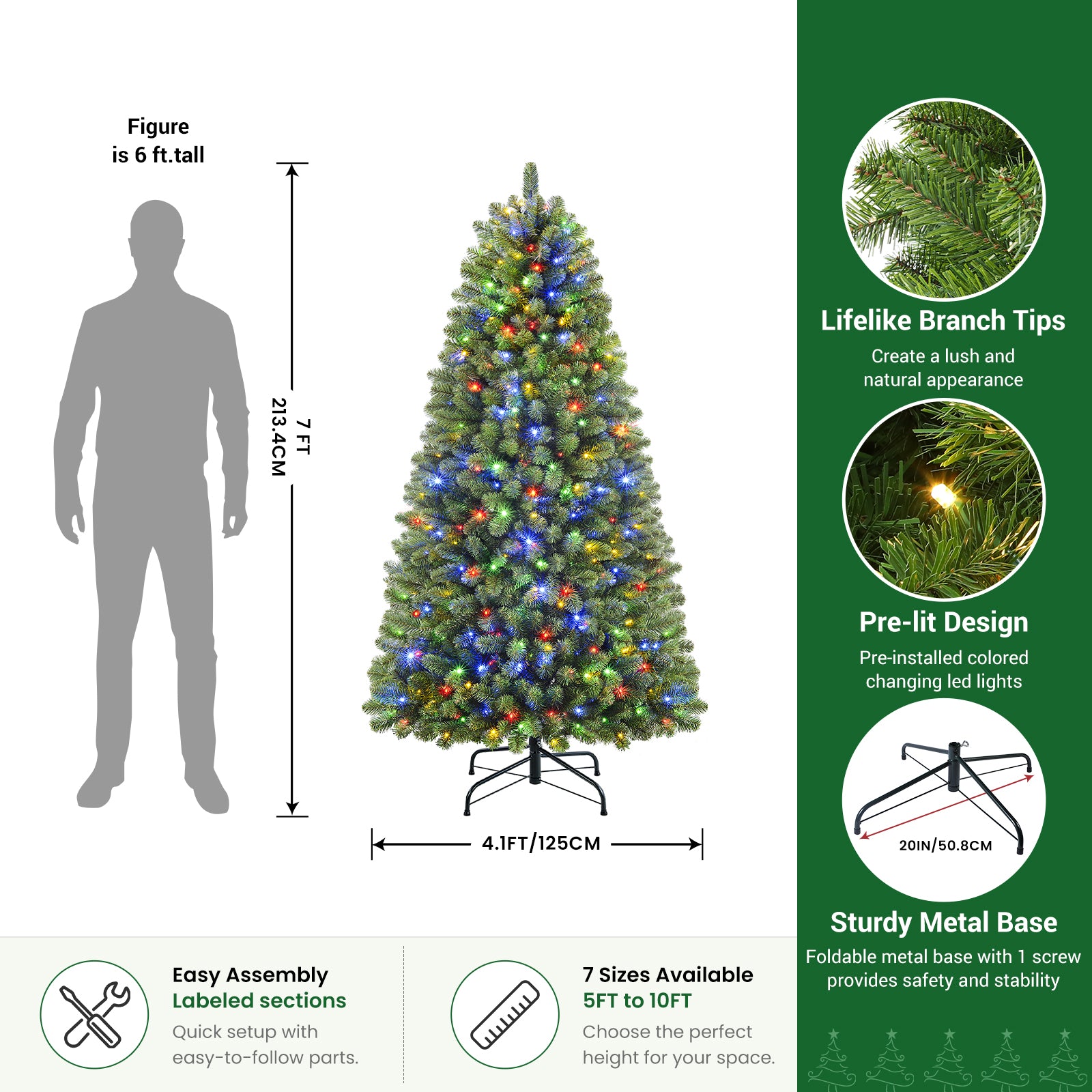 7ft Pre-lit Classic Spruce Artificial Christmas Tree with Multi-Color LED Lights