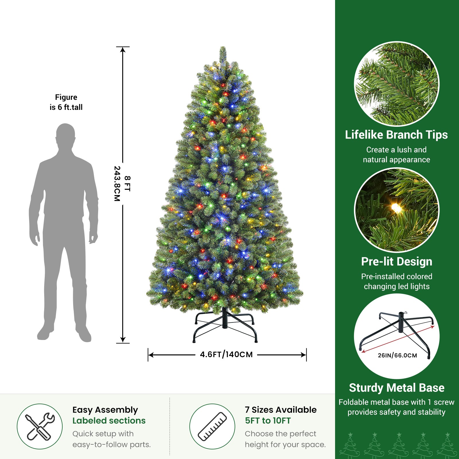 8ft Pre-lit Classic Spruce Artificial Christmas Tree with Multi-Color LED Lights