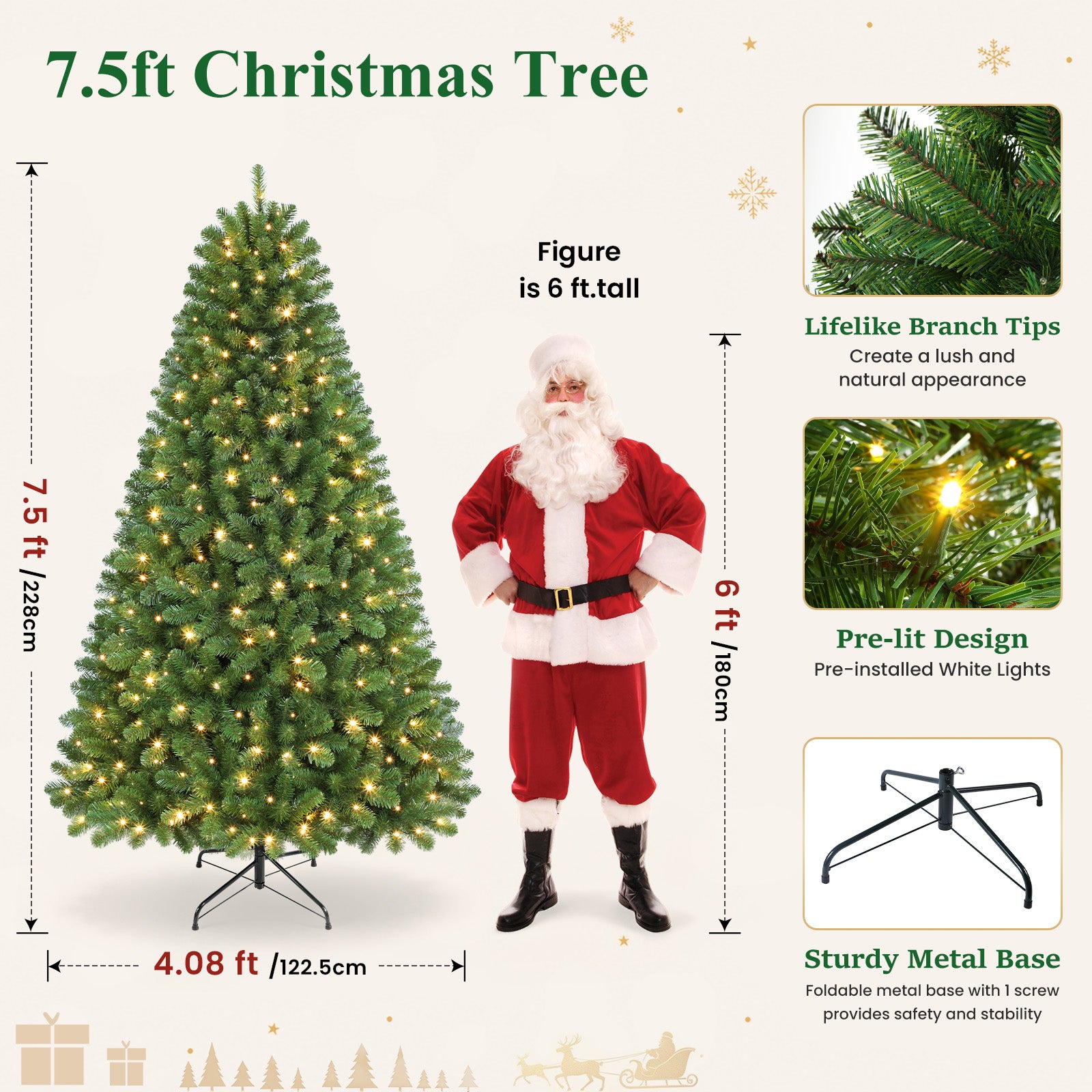 7.5ft Pre-lit Artificial Christmas Tree 350 Warm White Lights