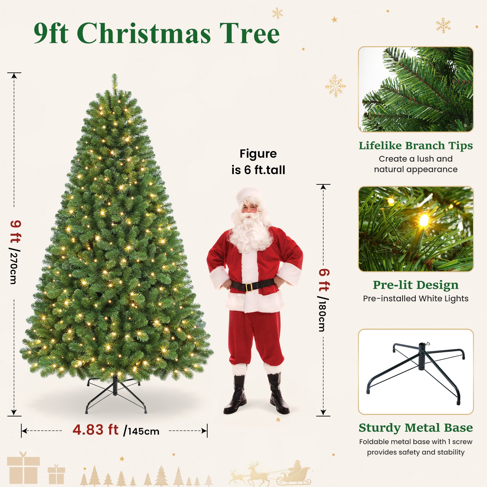 Classic Spruce Artificial Christmas Trees with Warm White Lights,4.5/5.5/6.5/7/7.5/8/9/10FT