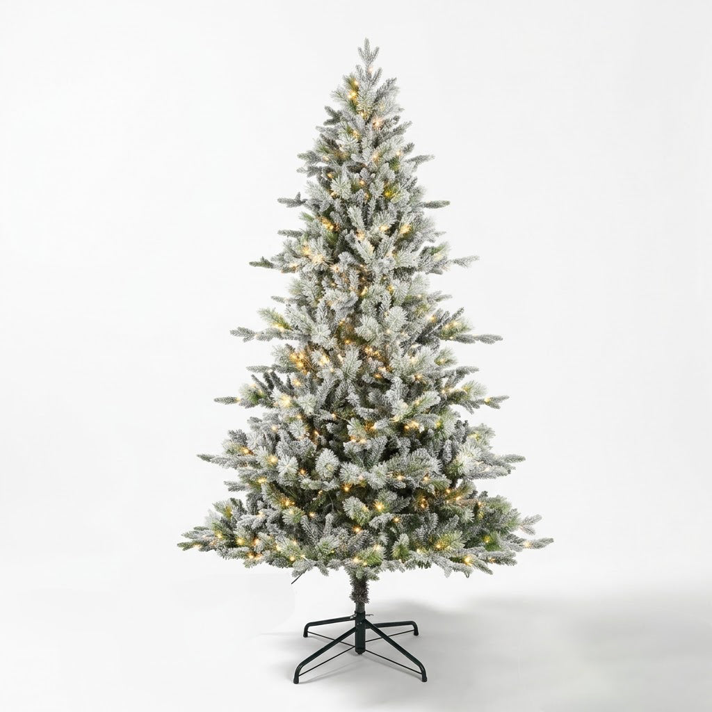 7.5ft SHareconn artificial Christmas tree with flocked pine branches, 500 clear twinkle lights, and 3,338 lifelike tips for festive decor