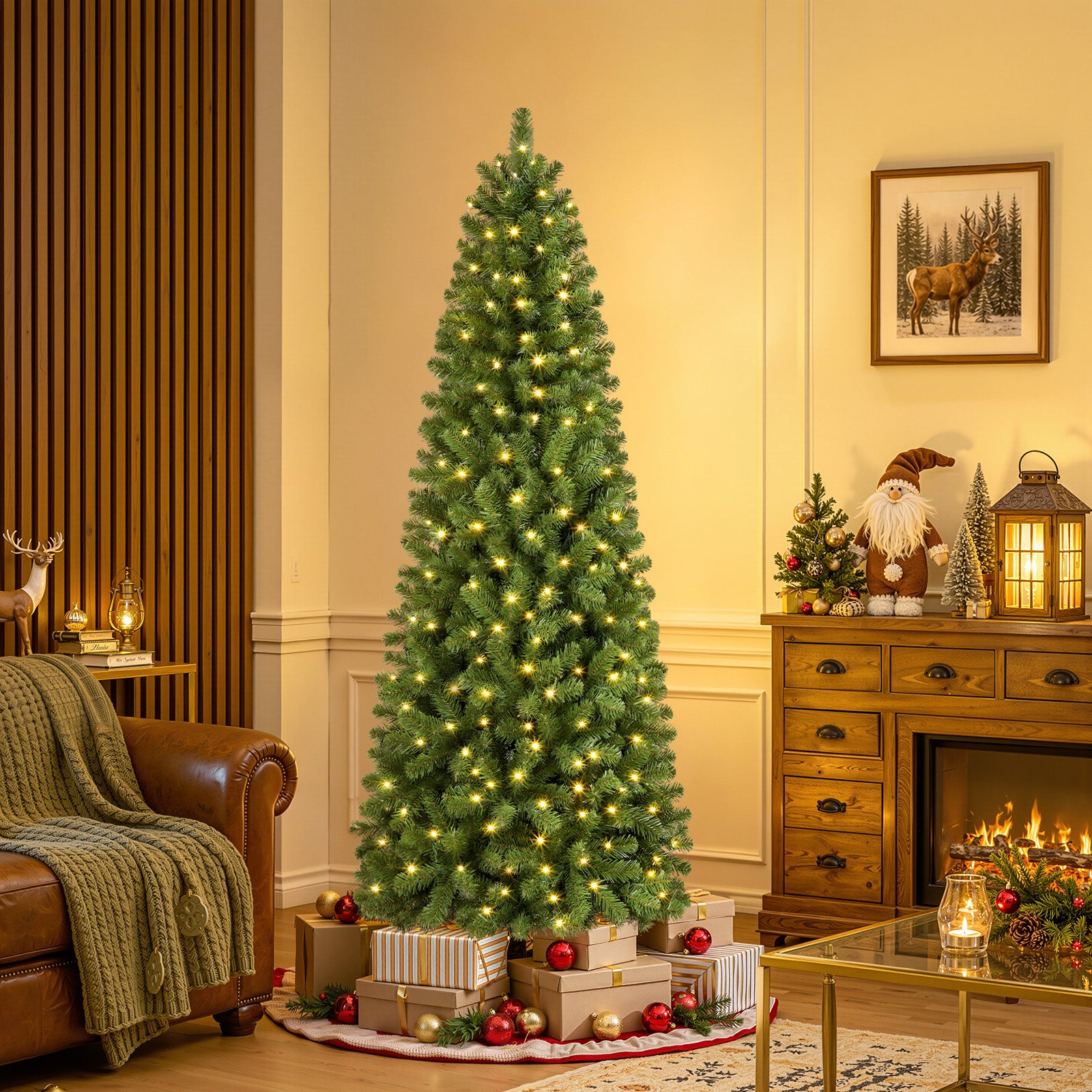 6ft Warm White Light Artificial Hinged Slim Pencil Prelit Christmas Tree