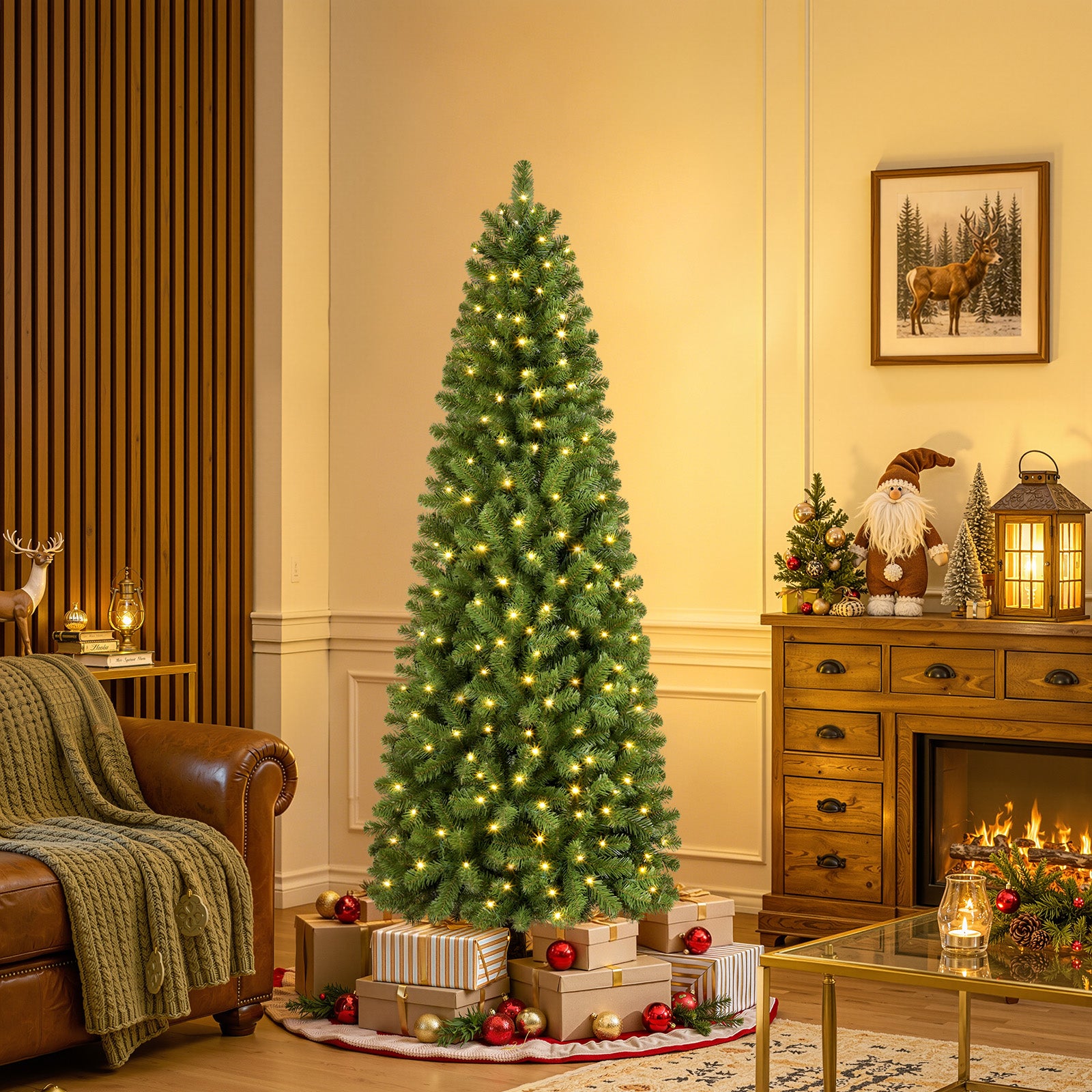 5ft Warm White Light Artificial Hinged Slim Pencil Prelit Christmas Tree
