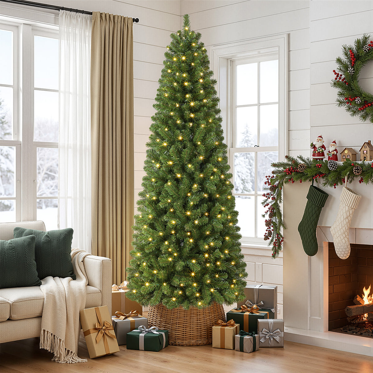 9ft Prelit Pencil Warm White & Multi-Color Lights Premium Artificial Hinged Christmas Tree with Remote Control
