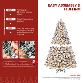 Pre-lit white flocked artificial Christmas spruce tree with warm white lights, showcasing full branches and festive winter decor.