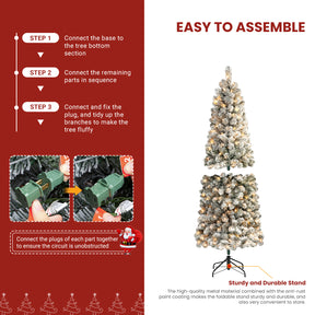 SHareconn flocked spruce artificial Christmas tree with warm white lights, available in 7 sizes, showcasing snowy branches and festive decor.