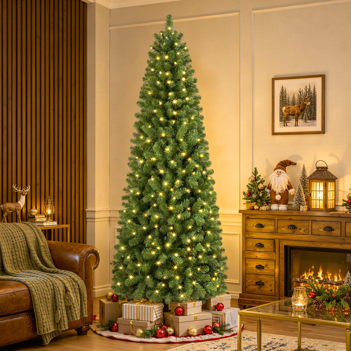 7.5ft Warm White Light Artificial Hinged Slim Pencil Prelit Christmas Tree